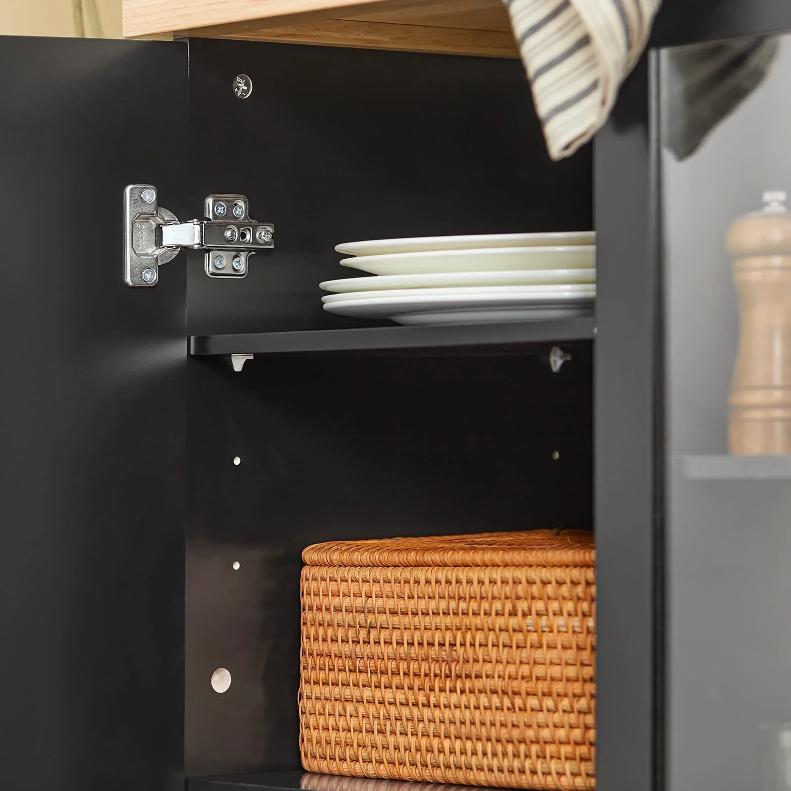 SoBuy Carrito Auxiliar con Ruedas y Estante Lateral 60 × 40 × 90 cm Cocina | Mueble auxiliar de cocina con armario y 2 baldas regulables en 6 posiciones, de MDF (E1) y cristal, para el comedor FKW75-SCH