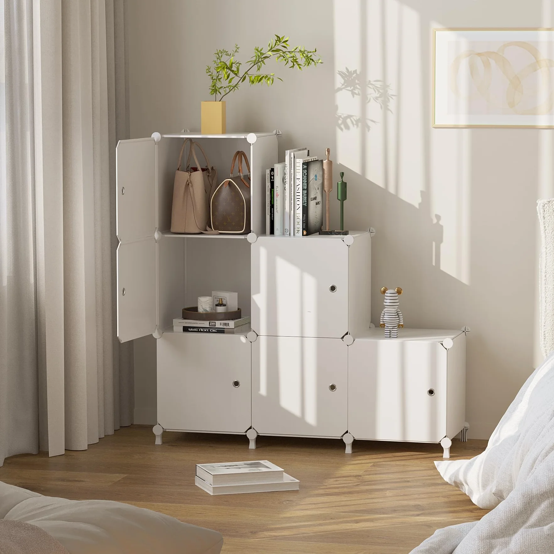 Organizador 6 Cubos con Puertas Estante Modular Apilable Blanco