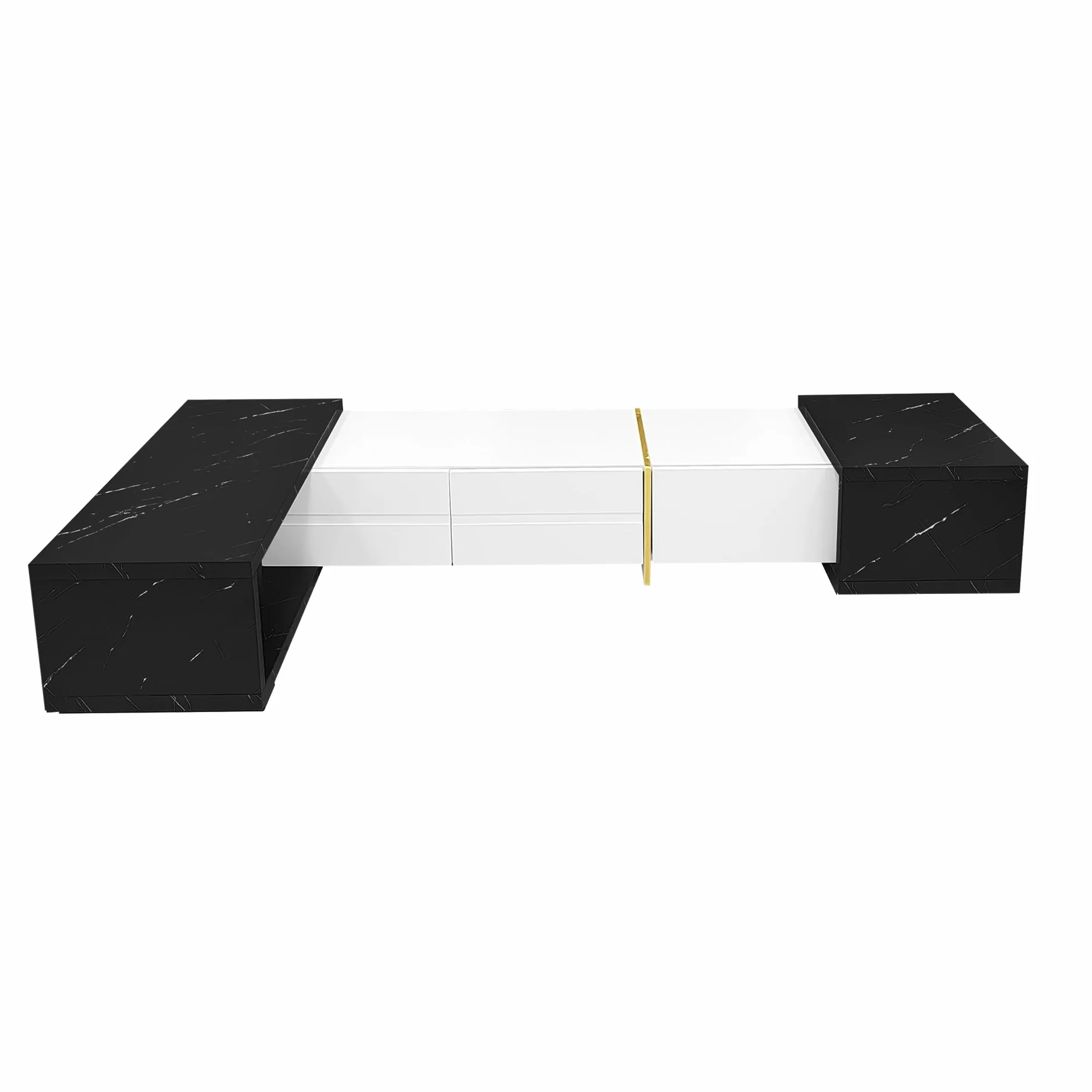 Moimhear Mueble de TV con longitud variable (140-260 cm), función giratoria, efecto mármol negro, acabado mate blanco y adornos dorados (blanco)