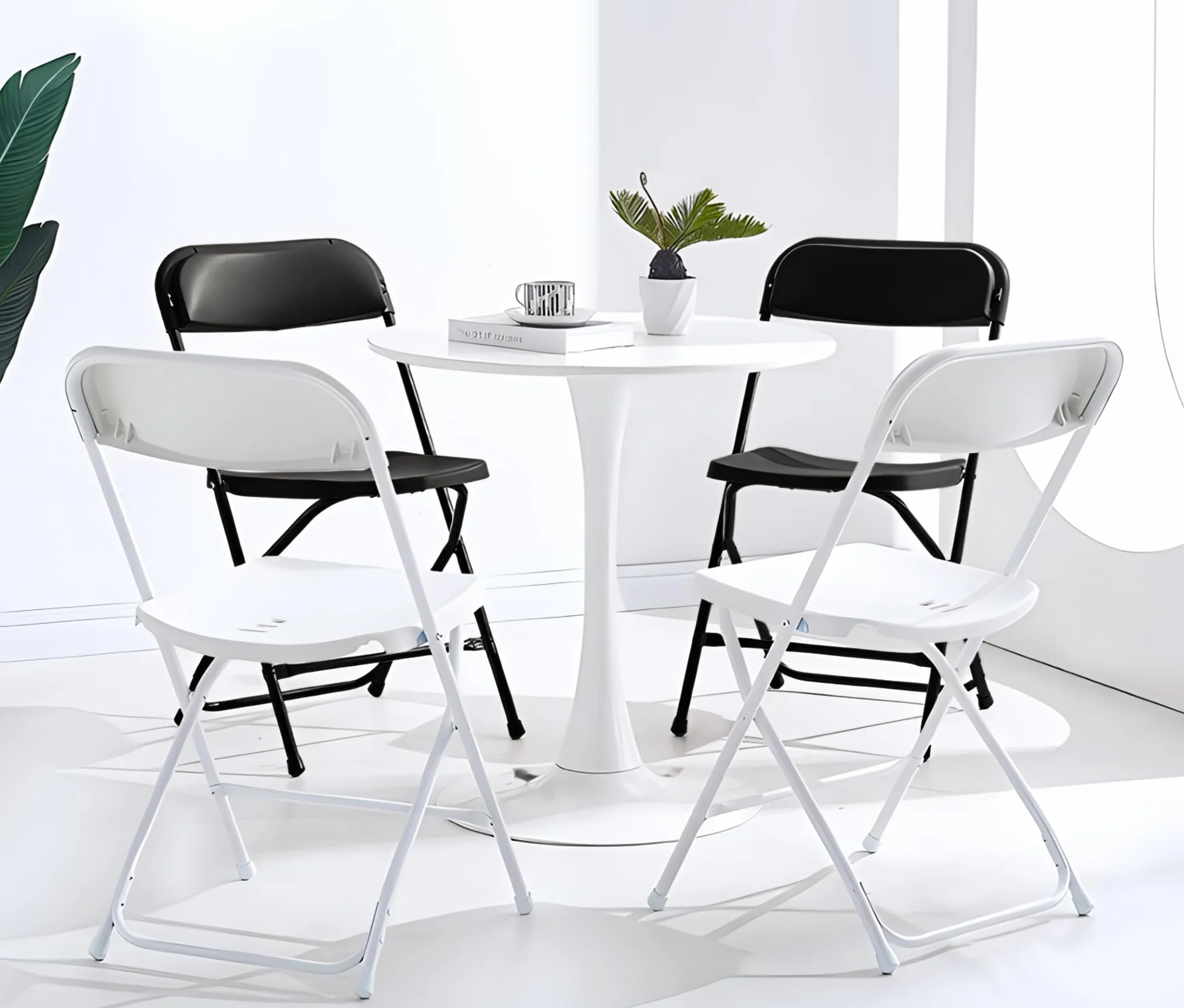 Pack 4 Sillas Plegables Negras Apilables Resistentes Interior Exterior | Asiento Ergonómico Plástico Reforzado Estructura Acero Antideslizante | Oficina Comedor Eventos Camping | hasta 120kg (Blanco)