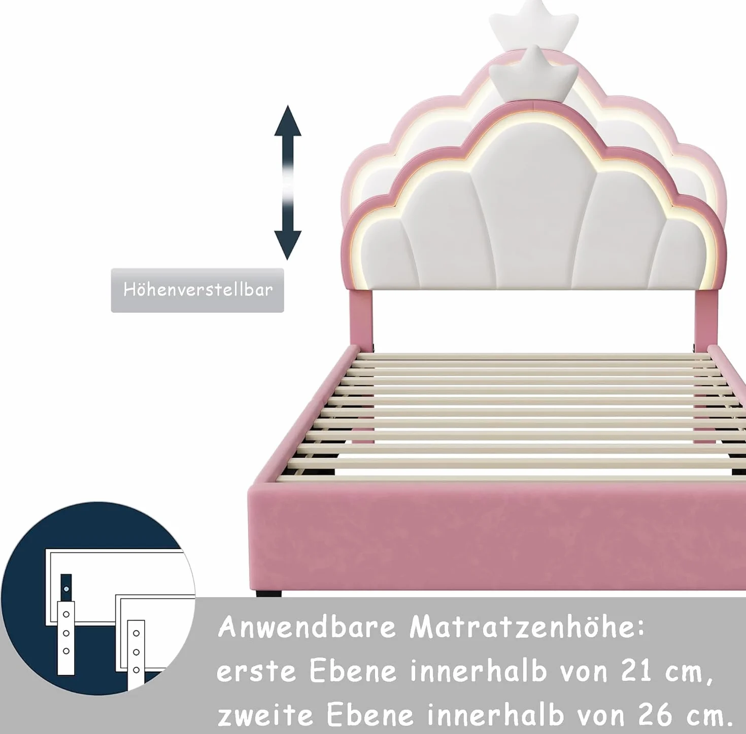 Cama infantil tapizada de 90x200 cm, cama para niñas, camaInfantil, camaPrincesa con cabecero LED ajustable y somier de láminas, camaJuvenil de madera maciza y terciopelo, sin colchón (90*200)