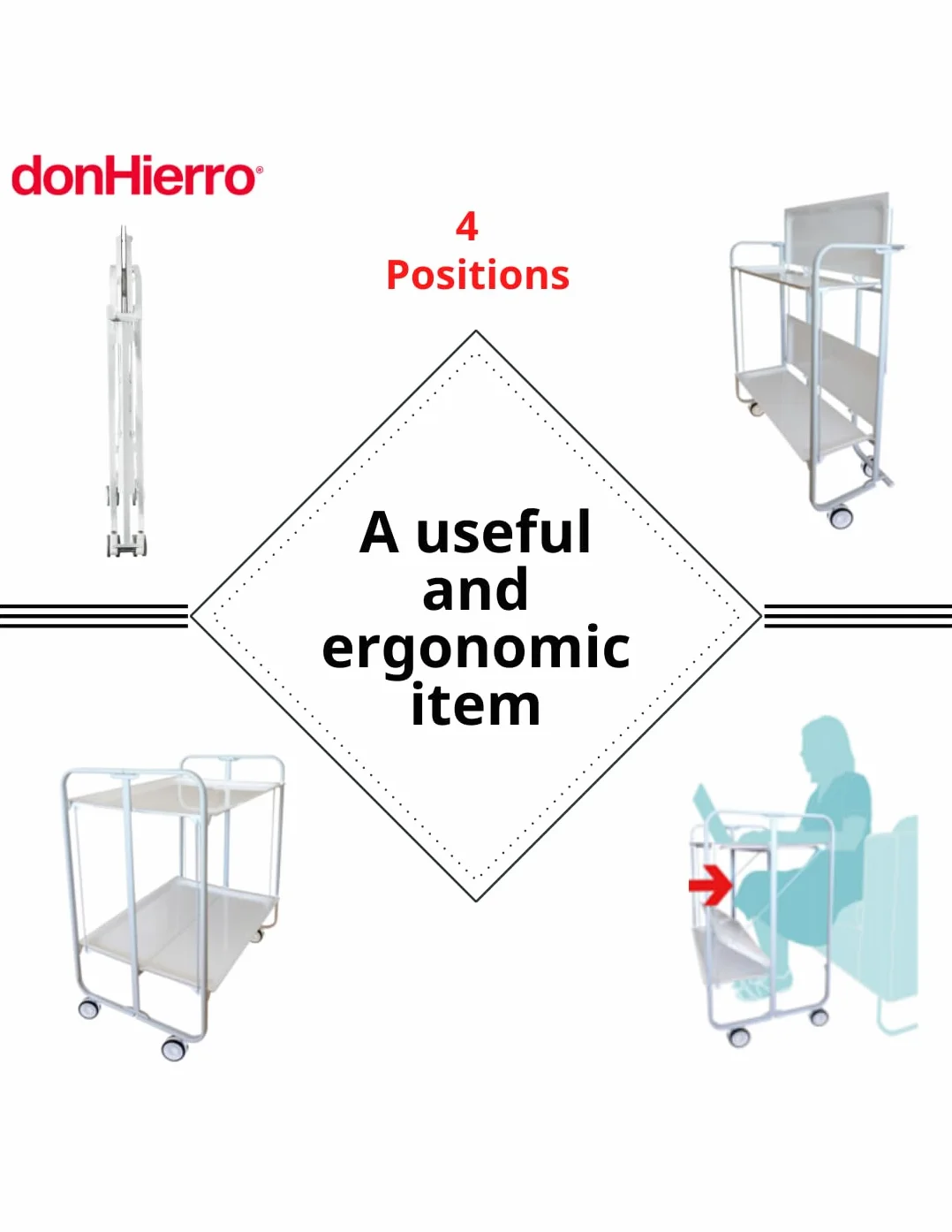 DON HIERRO - Carrito Auxiliar Plegable Bauhaus con Ruedas – Armazón metálico Negro, 2 Niveles, 4 Posiciones Ajustables- Estantes Efecto alistonado