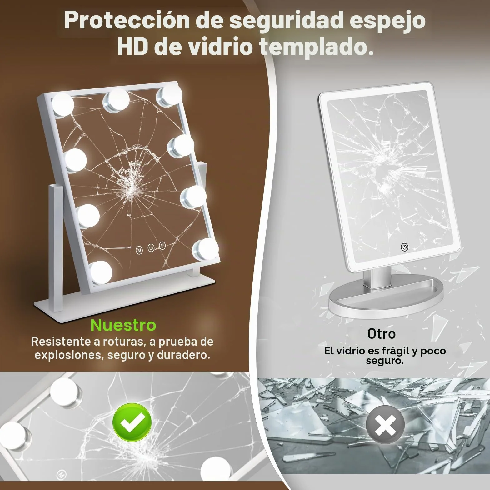 Espejo de Maquillaje Hollywood con LED 9, 360° Rotación, 3 Modos, Regulable