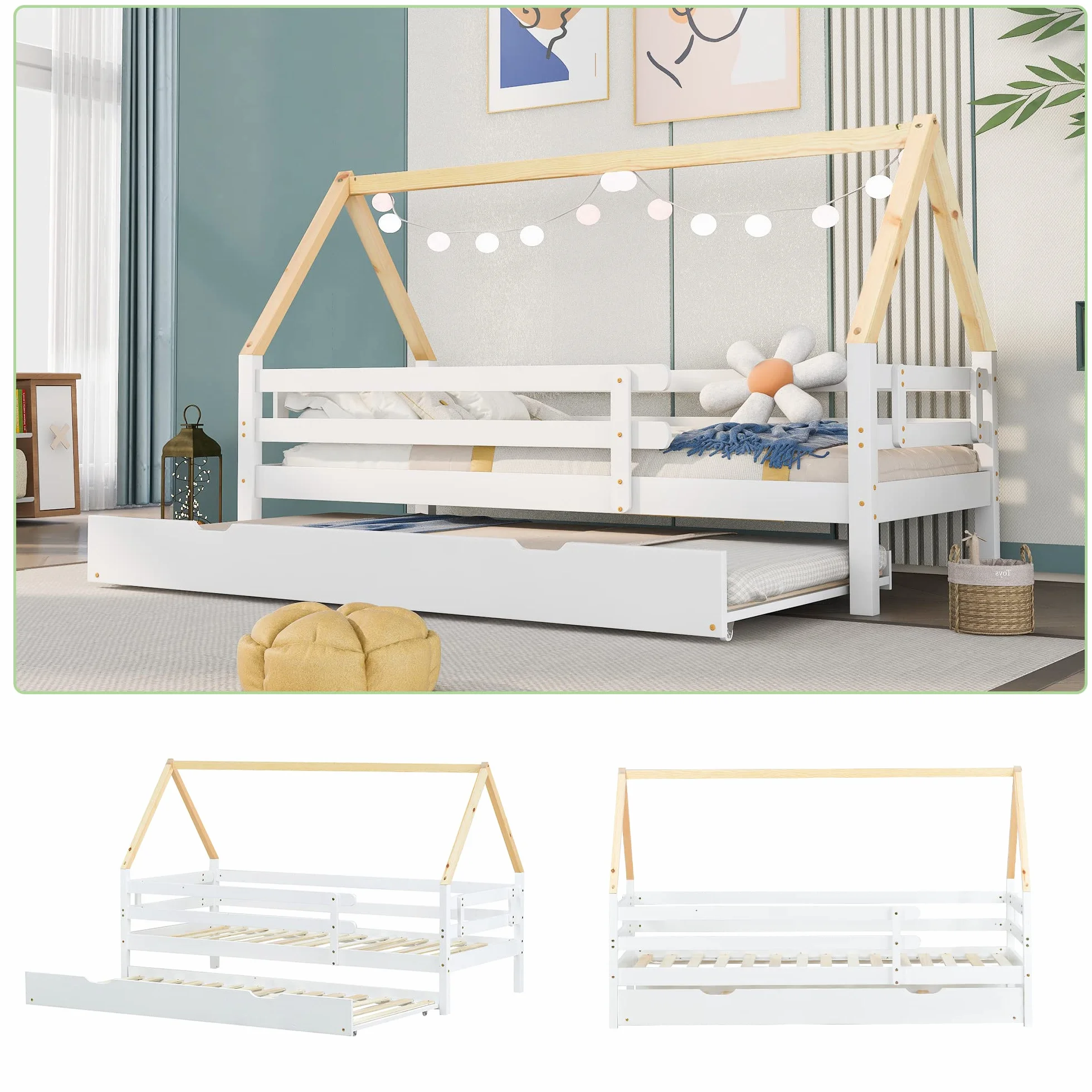 Lexiou Estructura Cama, Diseño Multifuncional con Brochadora，Cama Doble, 90 x 200 y 90 x 190 cm，Apto para Niños o Adolescentes.