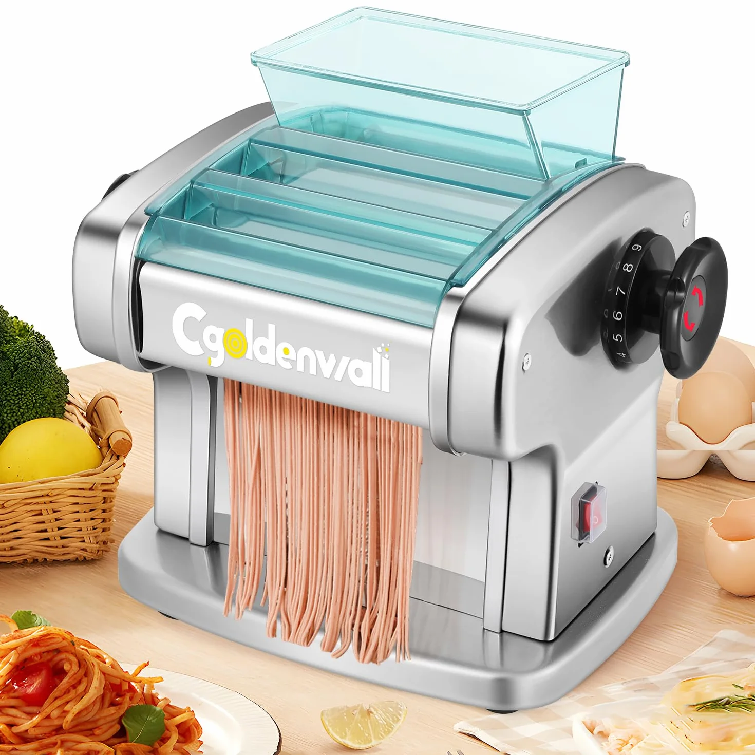 CGOLDENWALL Máquina de Pasta Eléctrica Fresca, Motor de 135W con 2 Cuchillas (2.5 mm/4 mm) y 9 Grosores Ajustables de 0.5-5 mm, Protectora de ABS, Acero Inoxidable para Hacer Espaguetis