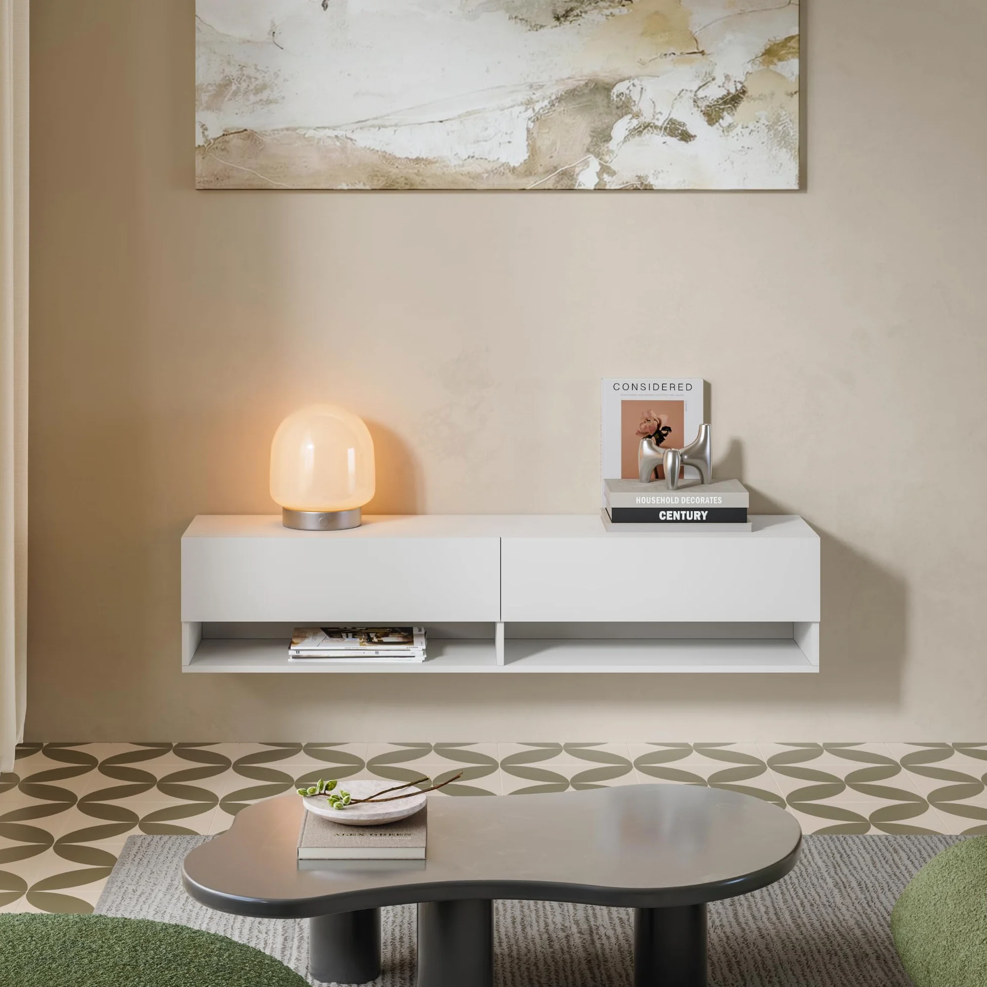 [en.casa] Armario de Pared Halmstad Mueble de TV de Pared 140 x 31 x 30 cm Mesa de Centro Flotante con Compartimentos y 2 Puertas Consola de Pared Blanco