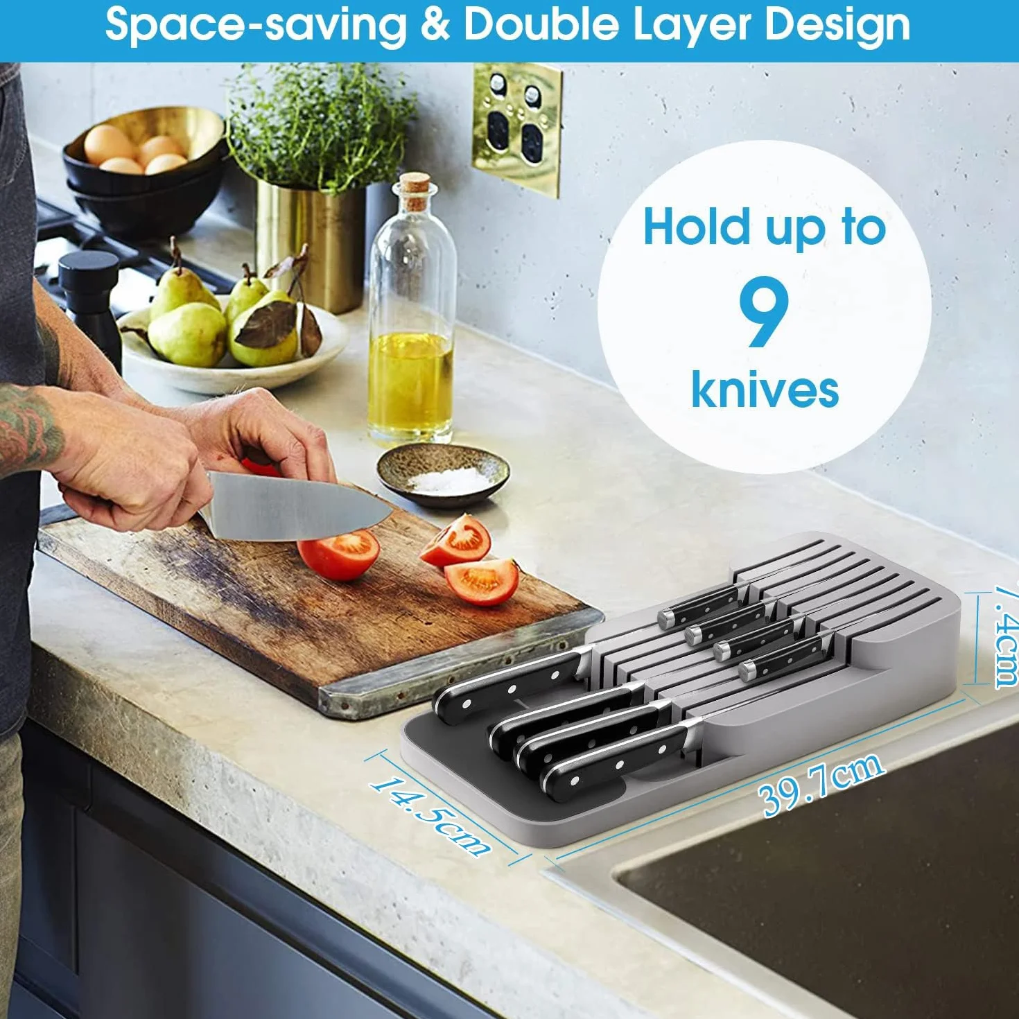 Mejorado Organizador de Cuchillos para Cajón, 2 Niveles Portacuchillos de Cocina apto para 9 Cuchillos, Extraíble y Antideslizante, Bloque de Cuchillos de Cocina con Ranura para Cuchillos, Gris