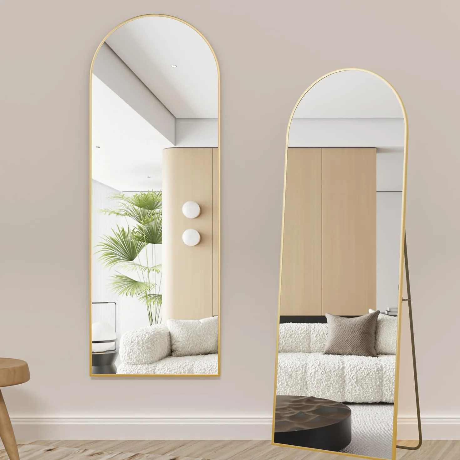 Espejo de Cuerpo Entero Arco 162 x 53 cm Dorado Arqueado, Espejo de pie con Soporte para Dormitorio Sala de Estar