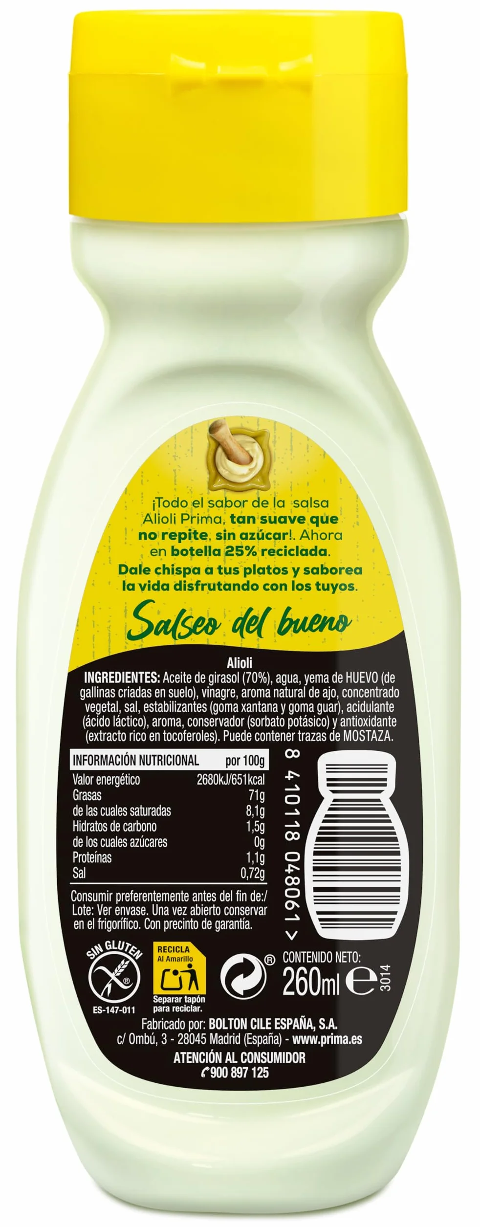 Prima Alioli suave Cero sin azúcares añadidos 260 ml