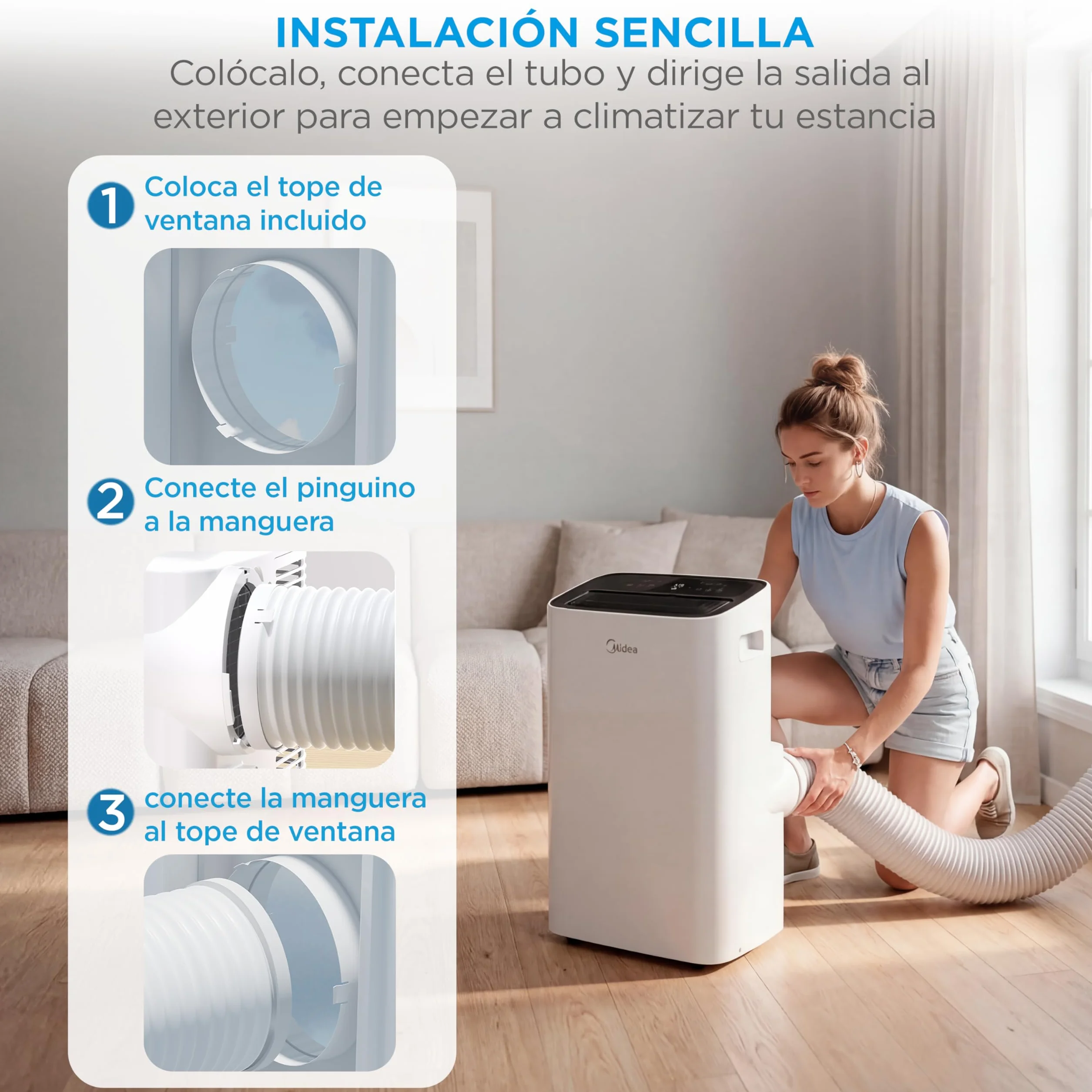 MIDEA Pingüino Aire Acondicionado Portátil 4 en 1 | 3000 Frigorías/12.000 BTU con Control por App | Climatizador y Deshumidificador hasta 35m2 - Modo Sleep, Mando a Distancia | Incluye kit de ventana