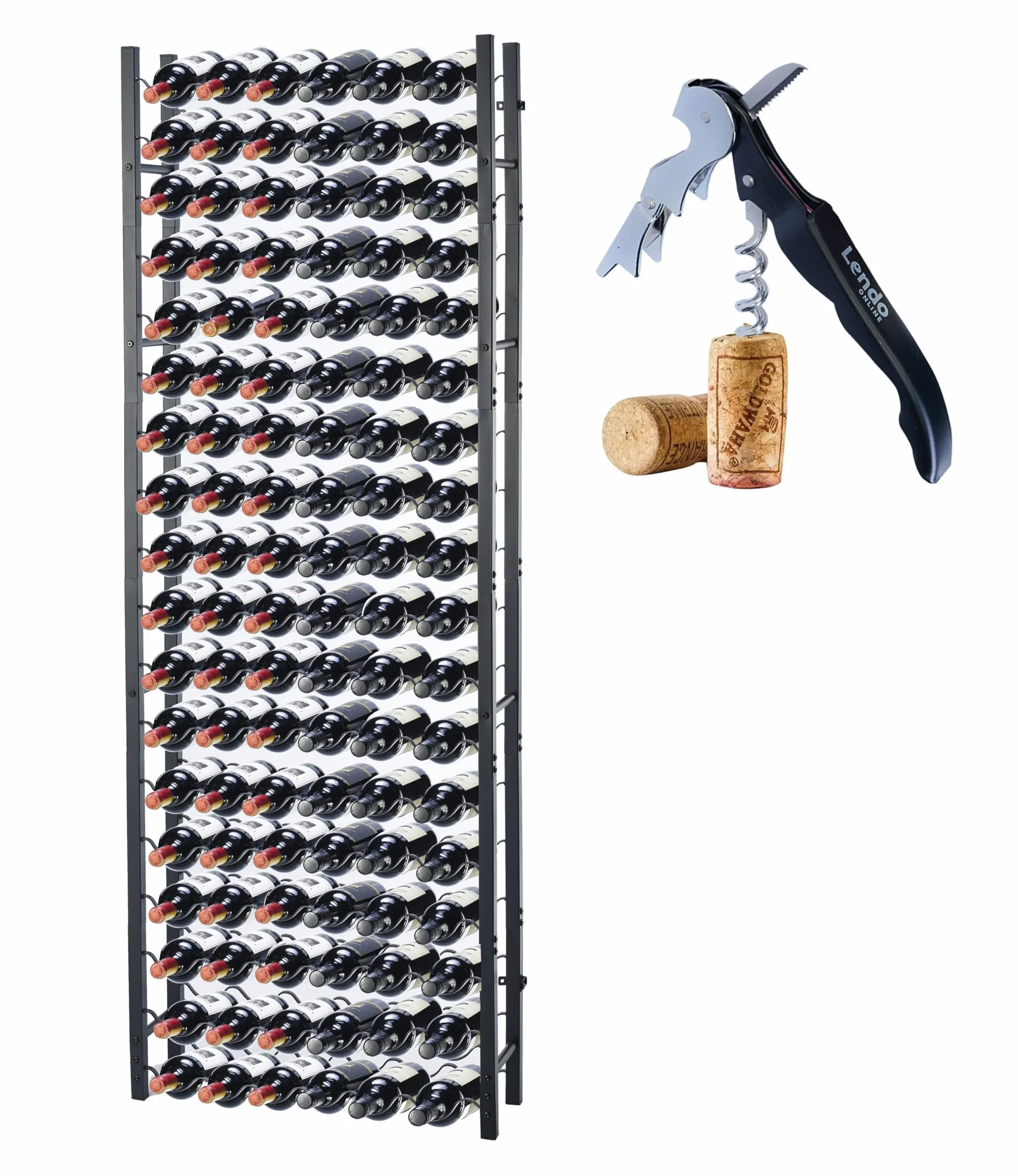 Botellero - Vinoteca - Portabotellas de Vino - Almacenamiento de vinos con sacacorchos Recubrimiento de Polvo Negro Metal Acero Boteleros Estilo (65x20x180cm (108 Botellas))
