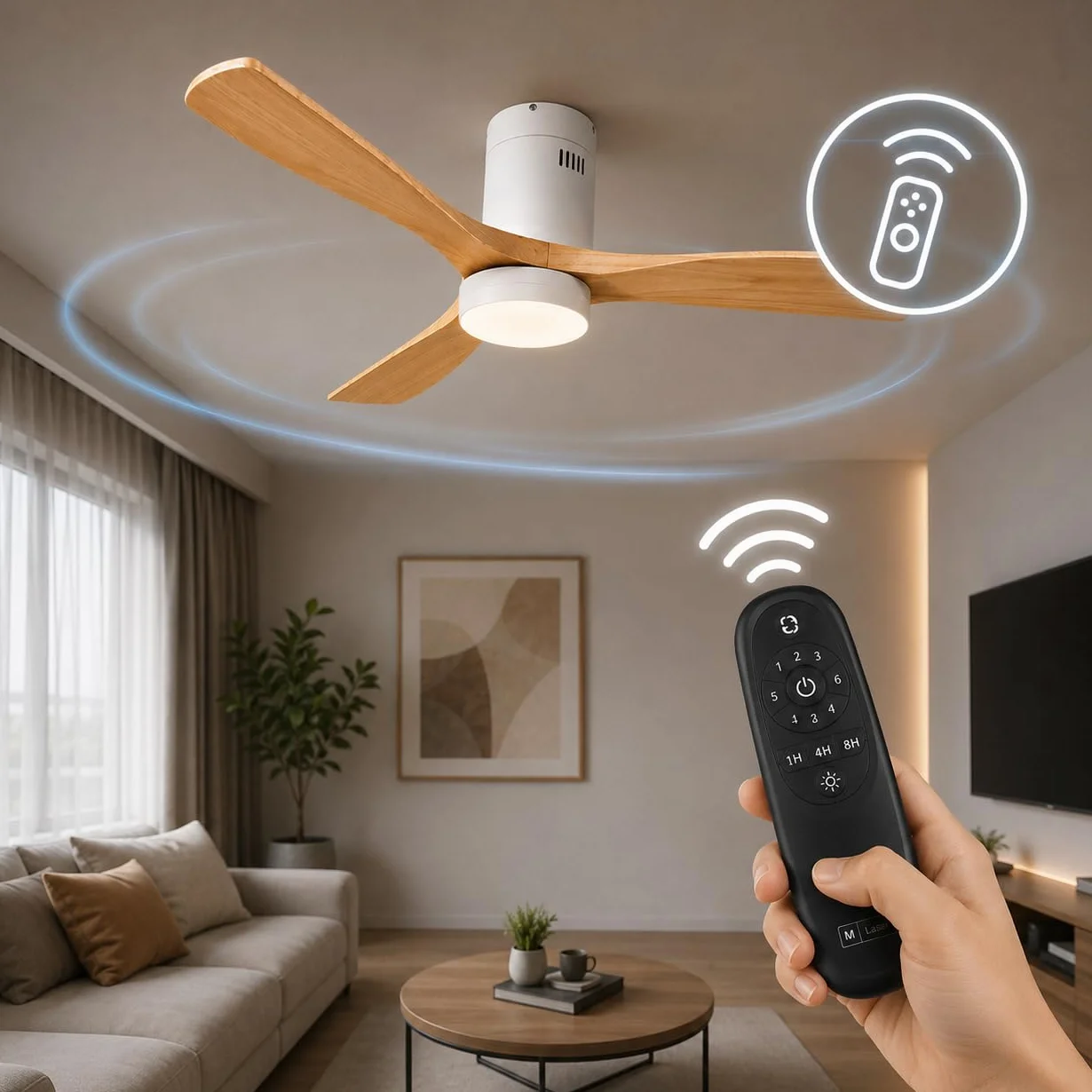 M mimotec - Ventilador Techo Energy con Luz LED Regulable en intensidad, Motor DC Silencioso, Aspas Efecto Madera Ø132 cm, Mando, 6 Velocidades, 3 Temperatura de Luz, Temporizador, Verano/Invierno