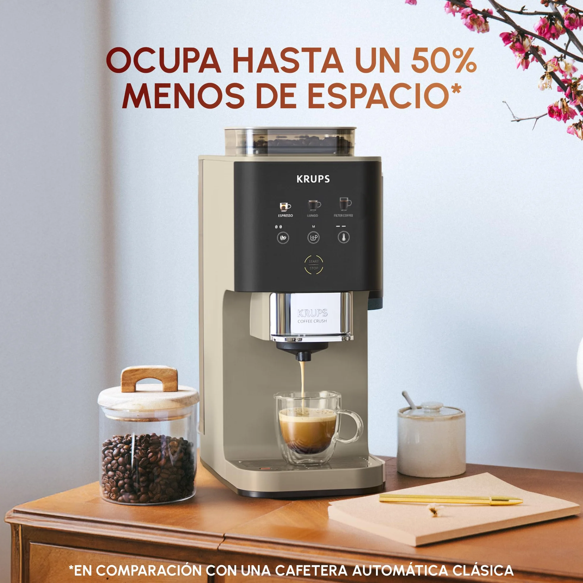 KRUPS Coffee Crush, Cafetera automática, Café en Grano y Molido, 15 Bares, 3 recetas de café, 3 niveles de temperatura y de molienda, Pantalla táctil, Compacta 15 cm de ancho, Beige, SA402AE0