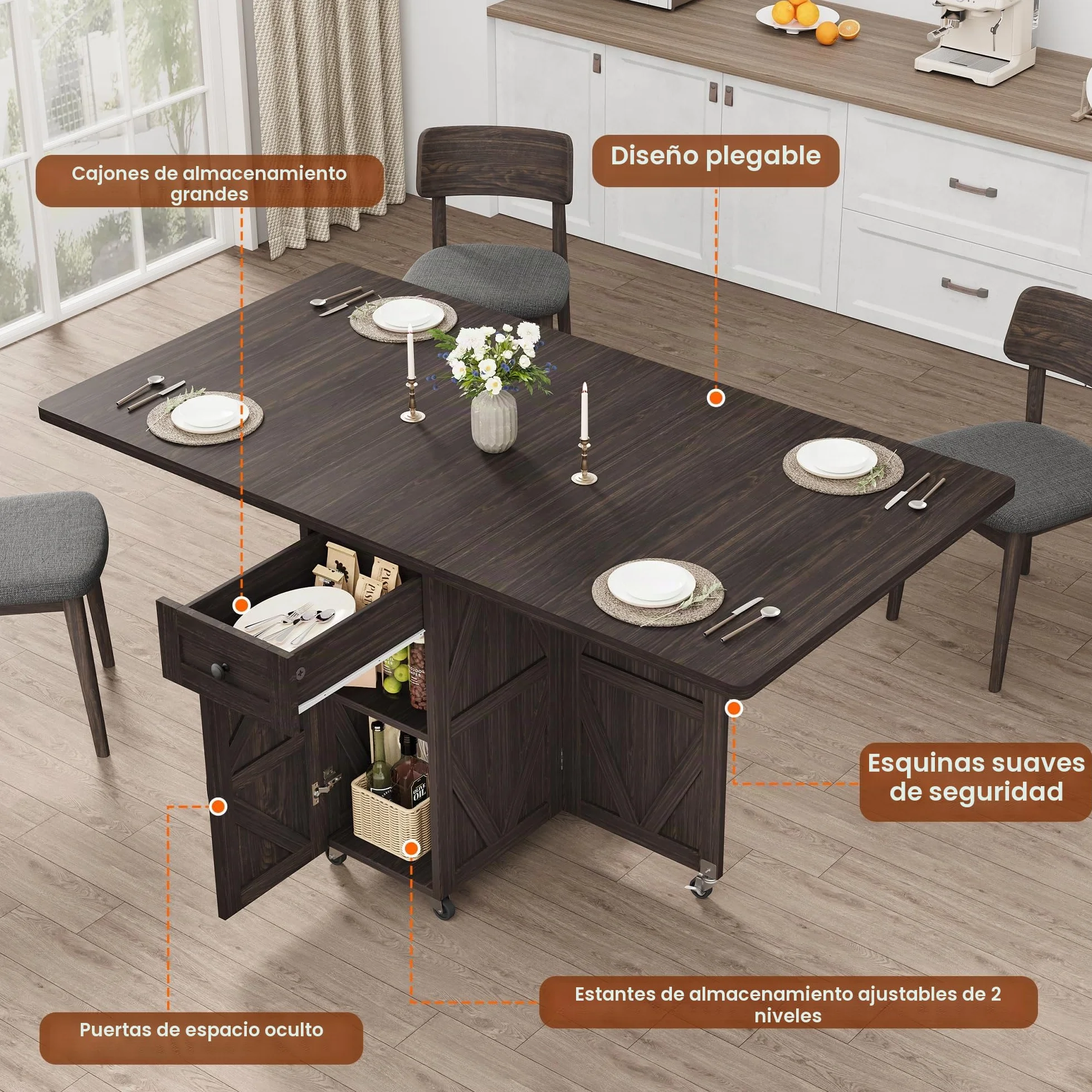 Jocoevol Mesa De Comedor Plegable con Ruedas, Mesa De Cocina con 1 Cajón Y 2 Áreas De Almacenamiento, Adecuada para 2-4 Personnas, para Espacios Pequeños, Comedor Y Cocina (Nogal Oscuro)