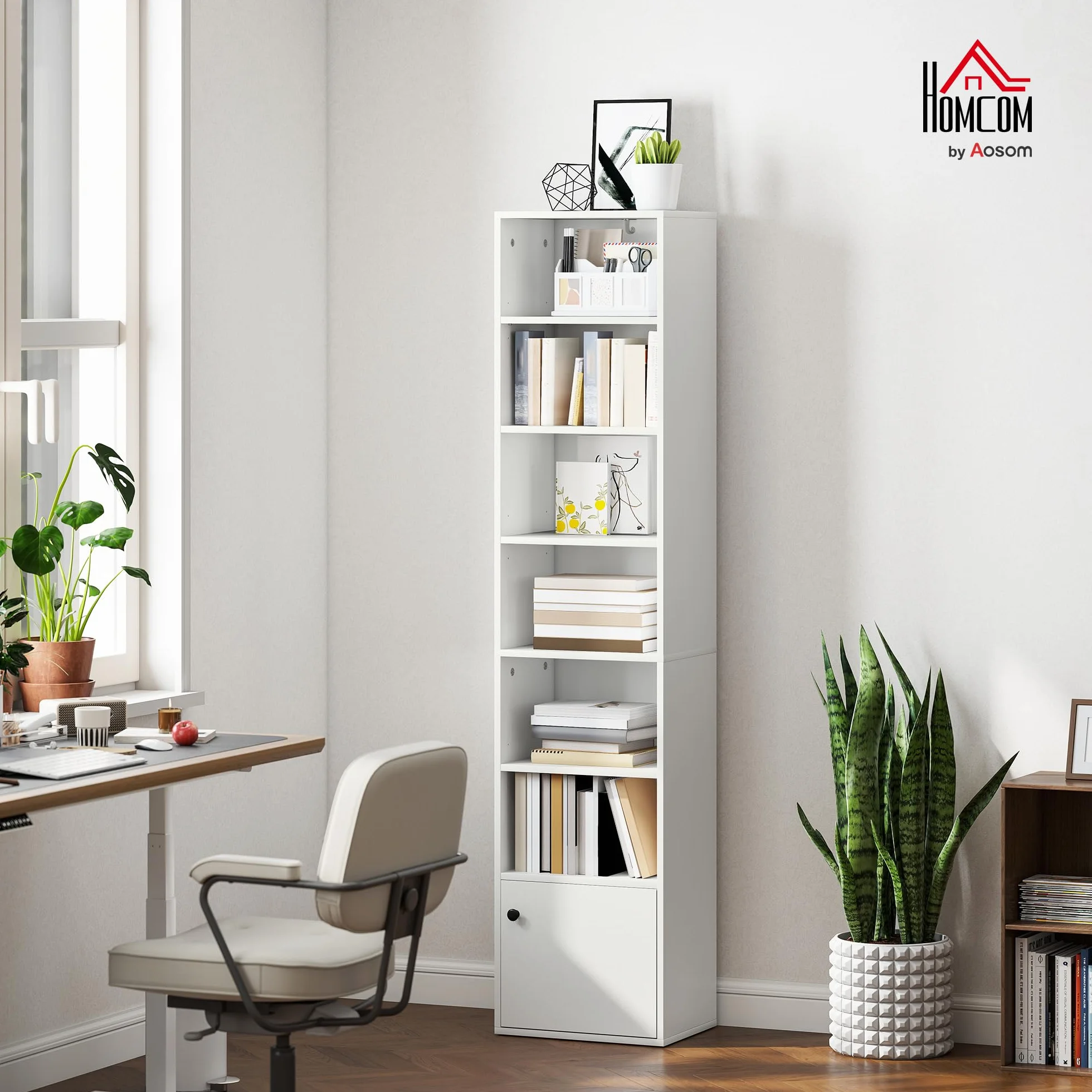 HOMCOM Librería de 7 Niveles, Estantería para Libros con Estantes Ajustables y Puerta, Estantería Moderna, 40x30x180 cm, para Salón, Dormitorio, Estudio, Oficina, Blanco