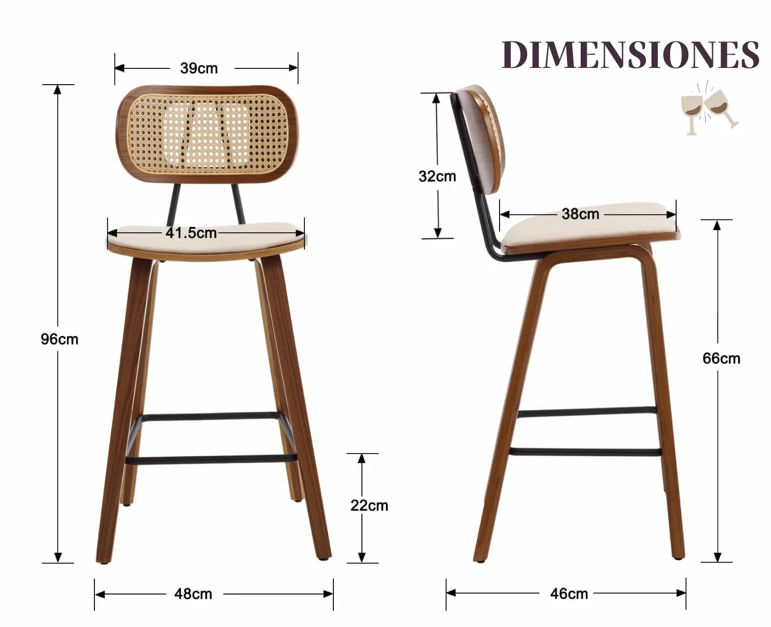 chairus Juego de 2 Taburetes de Bar de Madera Taburetes Altos de Cocina con Respaldo de Ratán, Sillas Altas con Asiento de Cuero PU para Isla de Cocina/Restaurante, Biege