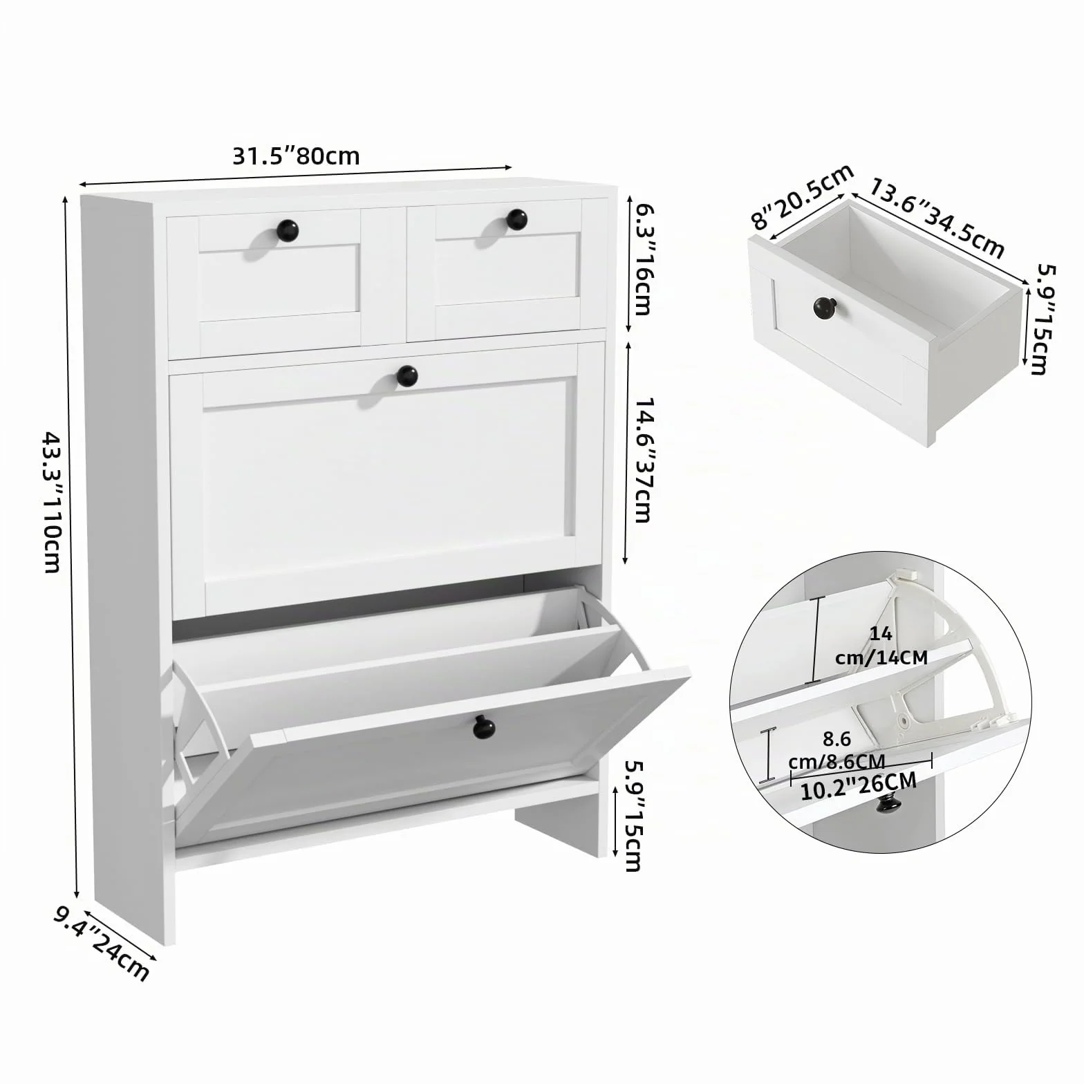 VOWNER Zapatero Estrecho, 2 Puertas, Zapatero Entrada Recibidor, 80 x 24 x 110 cm (Largo x Ancho x Alto), para Entrada Estrecha, Pasillo (Blanco)