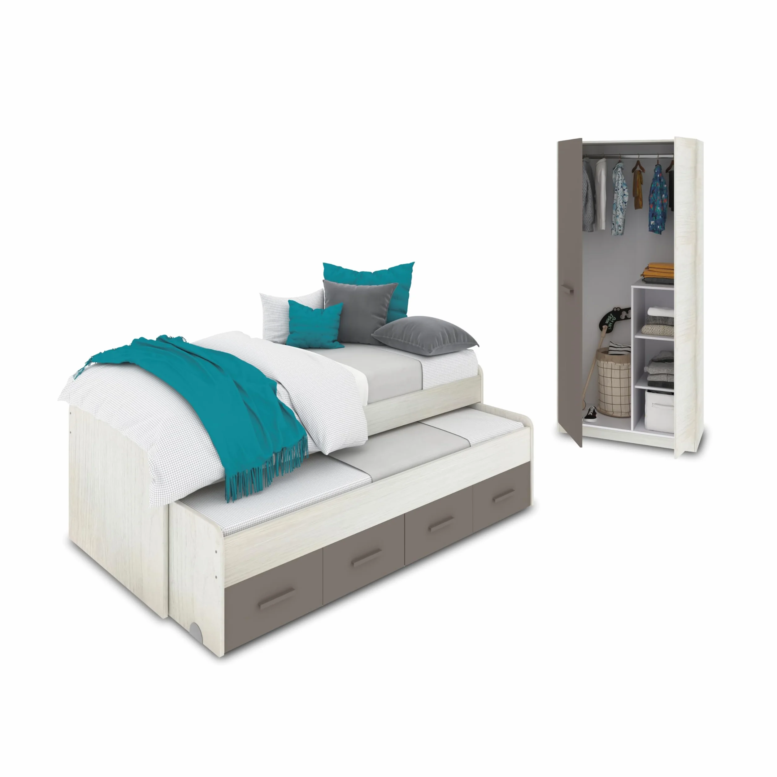 duehome | Pack de Dormitorio Juvenial con Cama Nido Juvenil y Armario, Conjunto de Dormitorio Infantil, Modelo Axim Plus, Acabado en Blanco Alpes y Basalto