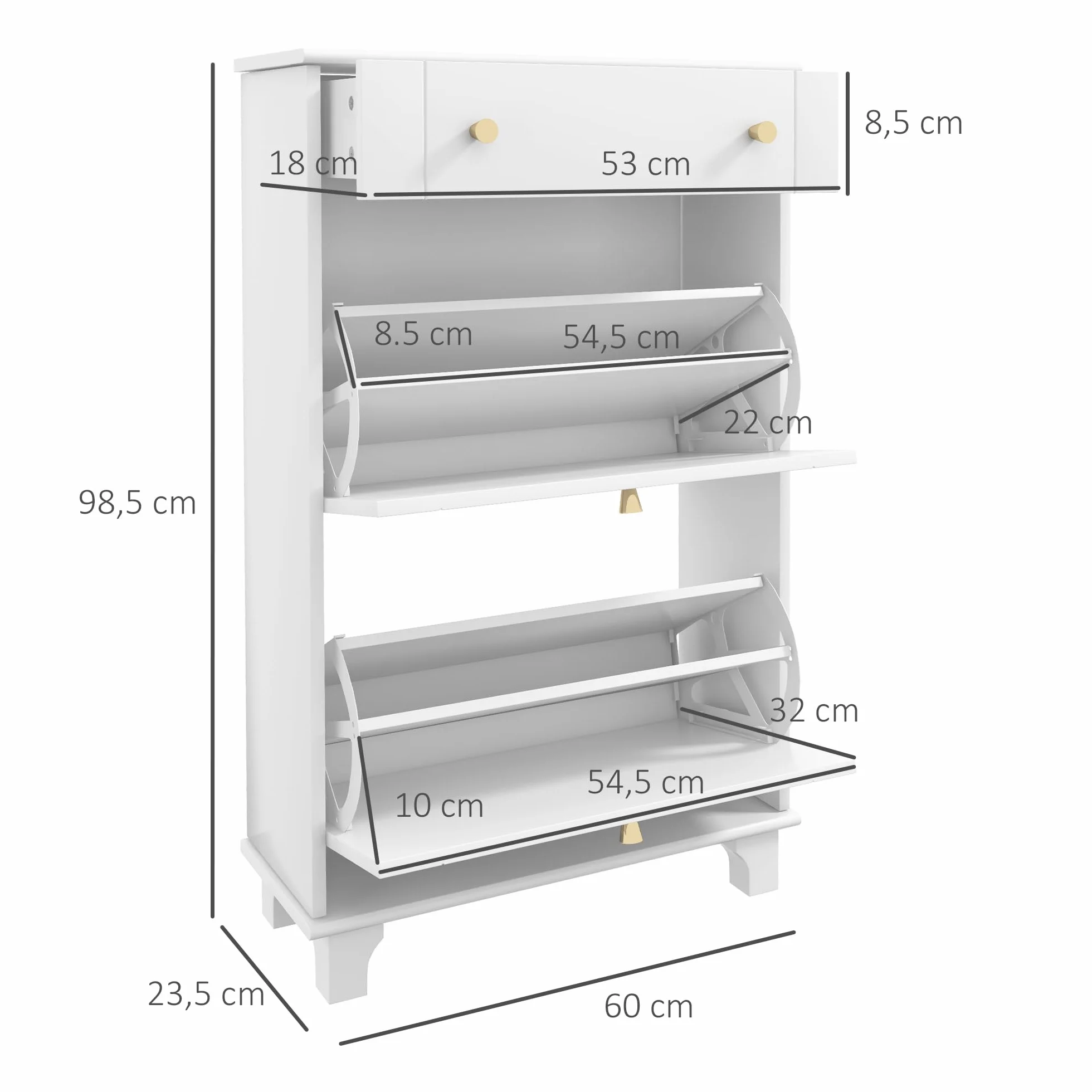 HOMCOM Mueble Zapatero Estrecho Zapatero Entrada Recibidor con 2 Cajones Abatibles y 1 Cajón Extraíble para 8 Pares de Zapatos para Pasillo 60x23,5x98,5 cm Blanco