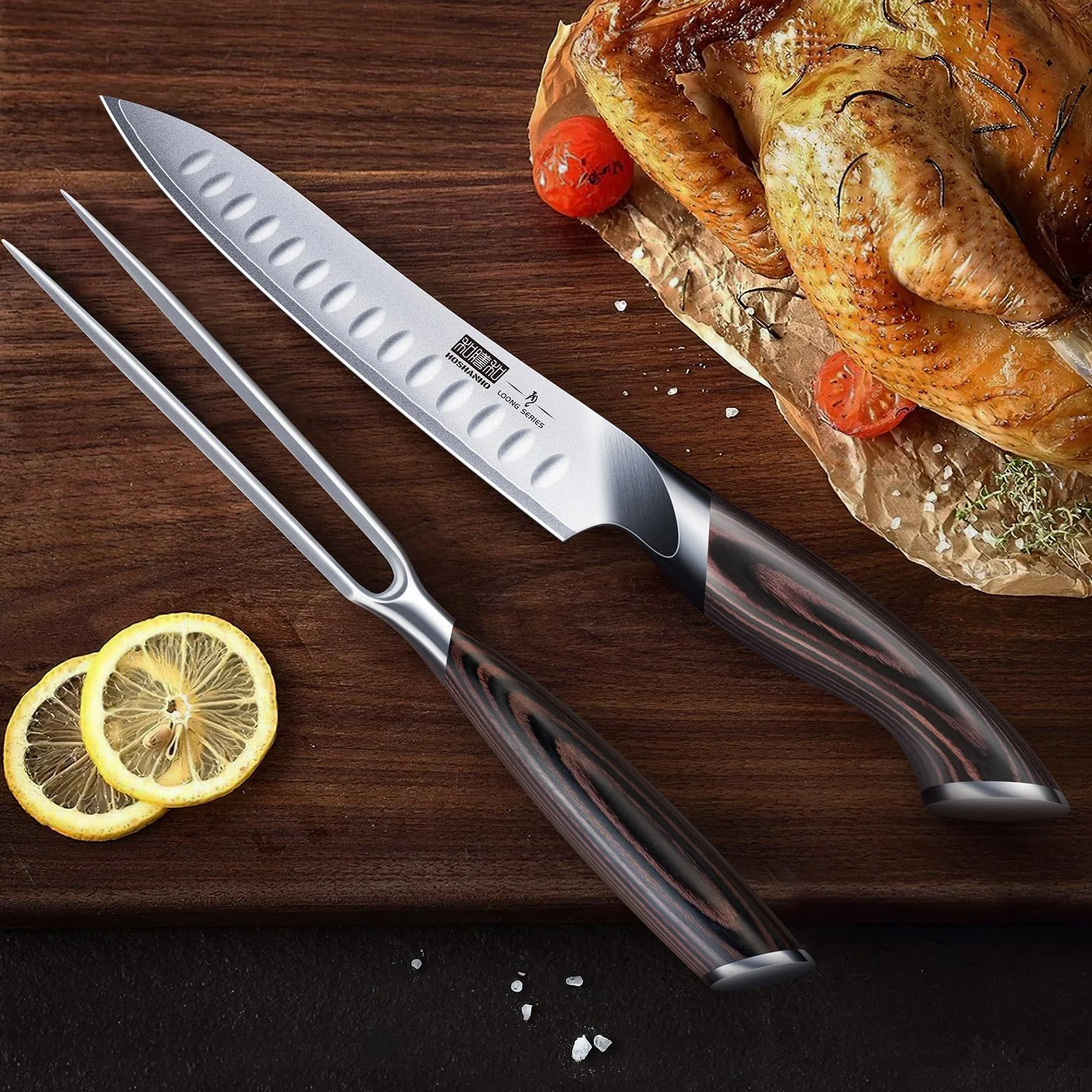 HOSHANHO Juego de Trinchar 20 cm y Tenedor 18 cm, Cuchillo de Barbacoa Profesional Acero al Carbono