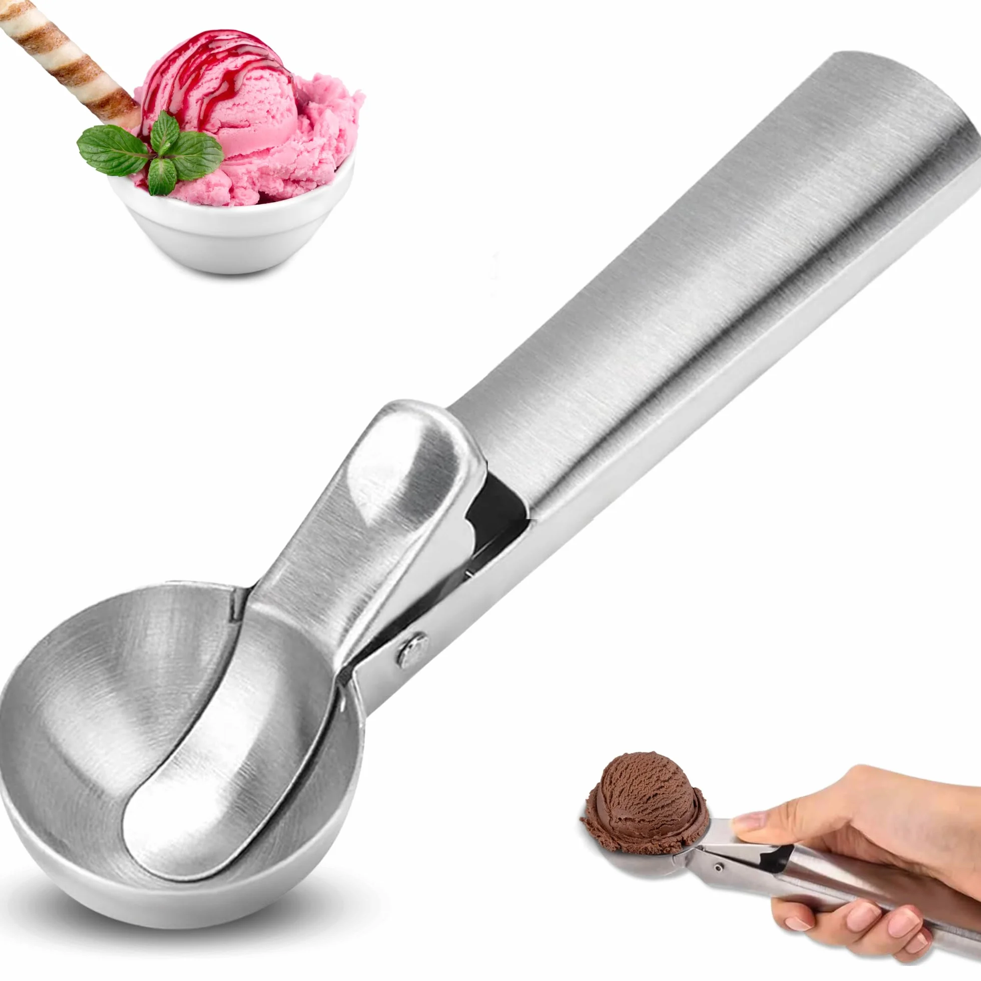 CHEFZOCO Cuchara de helado con gatillo, Sacabolas de 6 cm, Acero inoxidable, Apto para lavavajillas