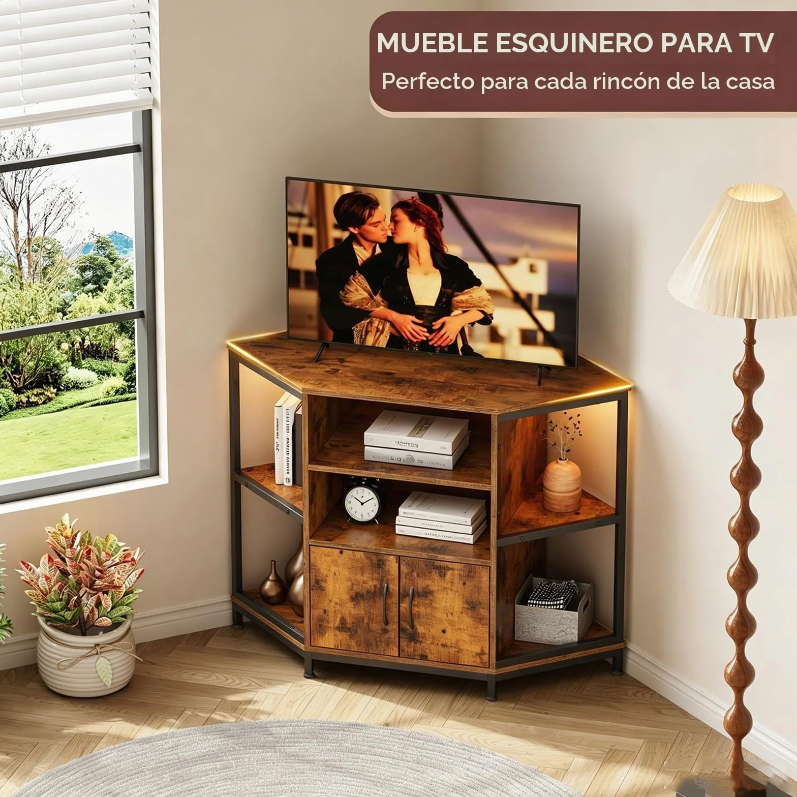 Dripex Mueble de esquina para TV con iluminación LED, para salón, diseño industrial, 105 x 50 x 79 cm, marrón vintage