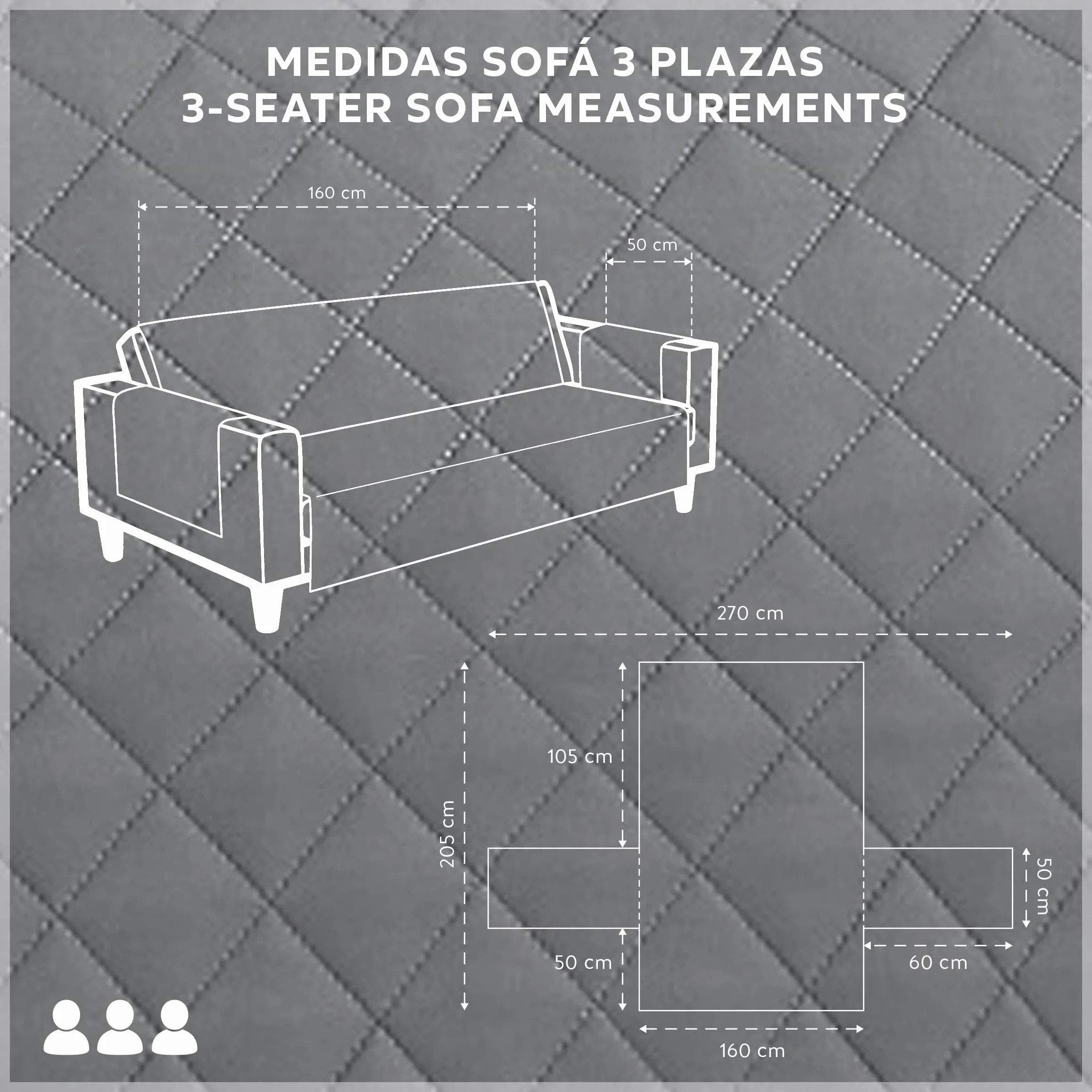 Textilhome Funda Cubre Sofá Malu 3 Plazas 160 cm Protector Acolchado Reversible Universal Gris