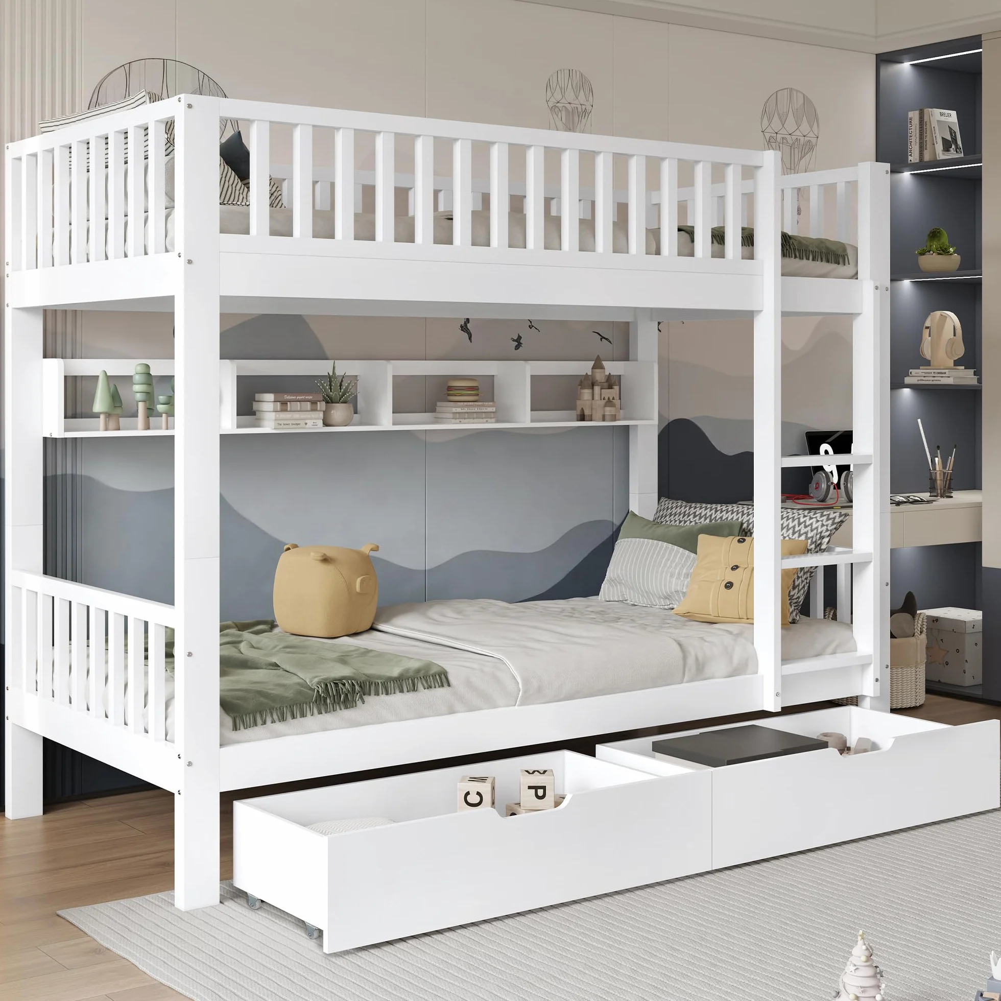 Cama Infantil, Litera para niños 90x200, Litera Matrimonio con 2 cajones y Escalera, Se Convierte en Dos Camas Individuales, Cama altillo con protección anticaída y somier, Blanco, Sin colchón