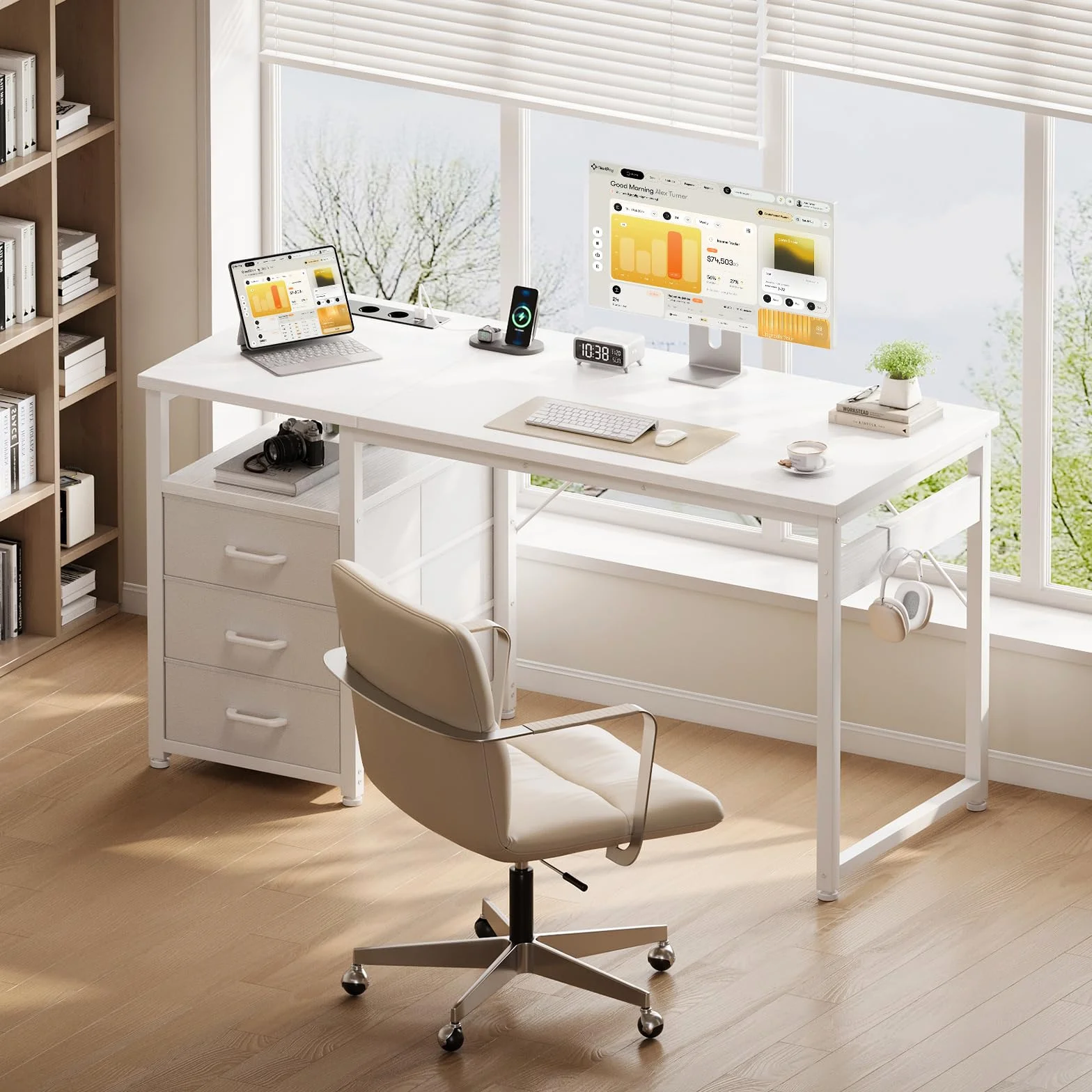 ODK Escritorio con 3 Cajones de Tela, 100x48cm Mesa de Ordenador con Estantes Escritorio Oficina con Puerto y Toma de Carga USB para Oficina, Salón, Hogar, Blanco