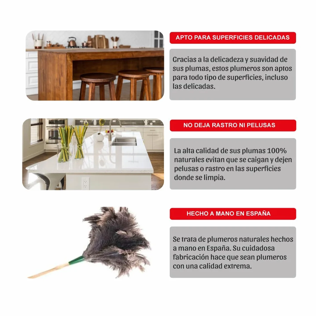 Plumero Avestruz 56 cm - Fabricado en España - Plumero Atrapapolvo Mango Madera y 100% Pluma de Avestruz - Fácil de Limpiar - Limpieza Muebles, Ventiladores o Estanterías
