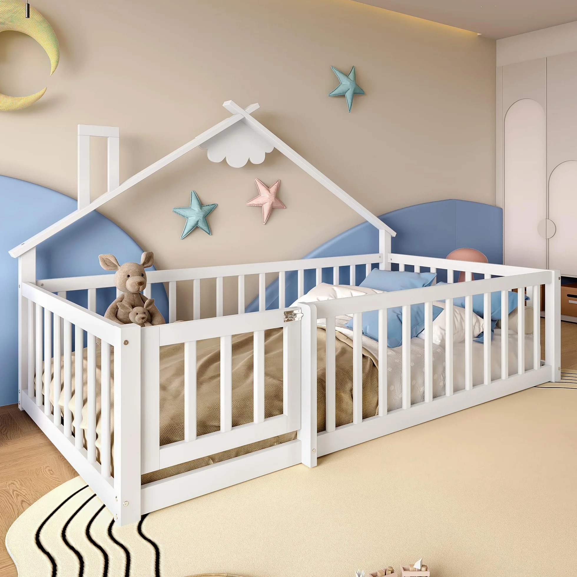 Cama de suelo de 90 x 190 cm con protección anticaída y puerta con cerradura, estructura de cama infantil, cama de madera de pino con somier, cama de madera, sin colchón