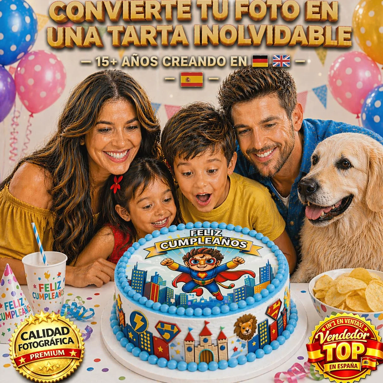 Imagen Comestible Personalizable para Tartas de Cumpleaños - Añade Foto, Nombre, Edad - Varios Tamaños