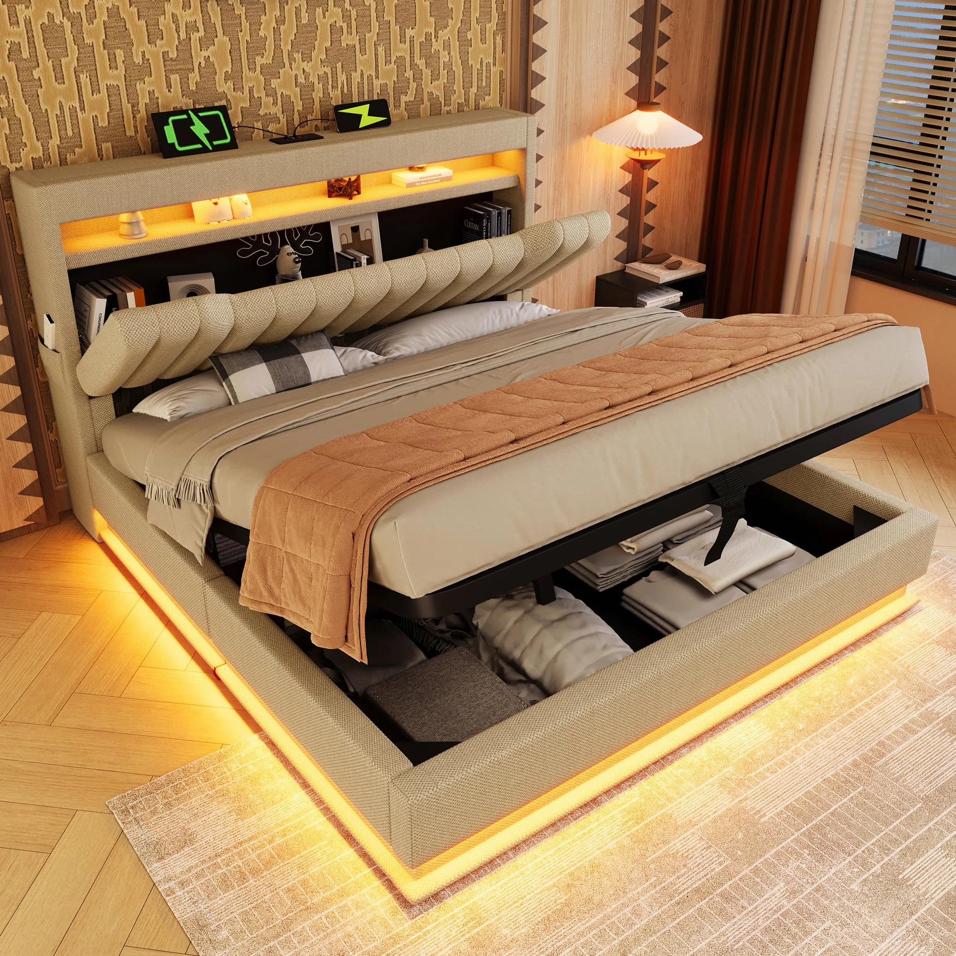 Cama tapizada de 180 x 200 cm, cama doble, cabecero de almacenamiento con conexiones USB y tipo C, iluminación LED en la cabecera y los pies de la cama, con espacio de almacenamiento hidráulico, lino