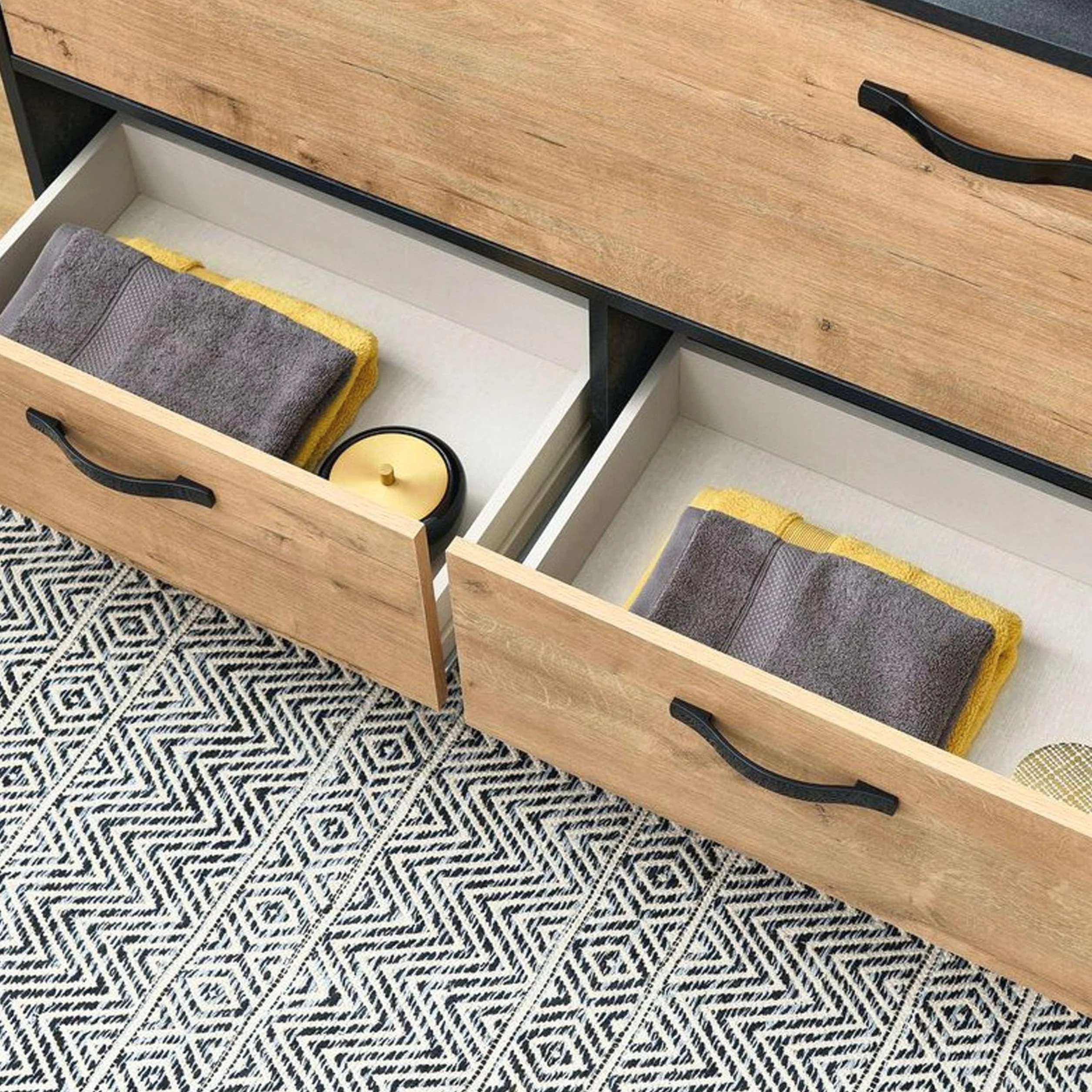 Muebles Pitarch | Mueble de Baño Doble 120cm ancho, Industrial Negro y Roble Gold, con estructura Patas, 2 Cajones y 1 Puerta, para Lavabos de sobreponer, modelo Sena