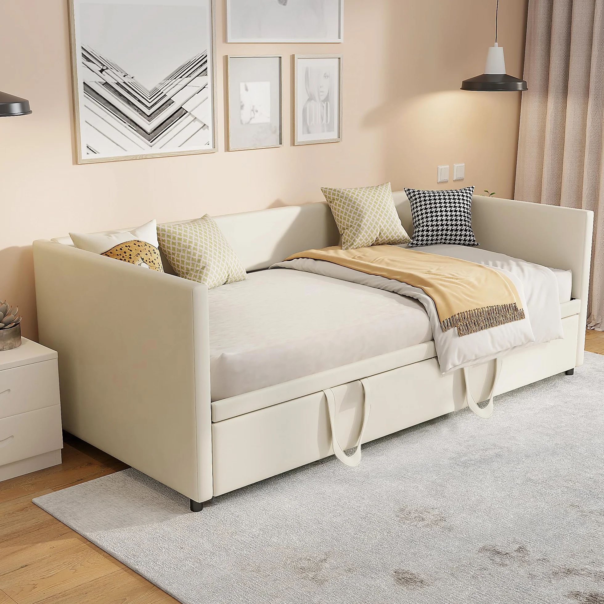 Sofá Cama de Matrimonio,Sofá Cama Extensible 90/180x200cm Sofa Cama Nido Doble Sofa Cama de 2 Plazas Camas de Día Extensible Sofas Camas Multifuncional,Sin Colchón (Beige, 90/180x200cm)