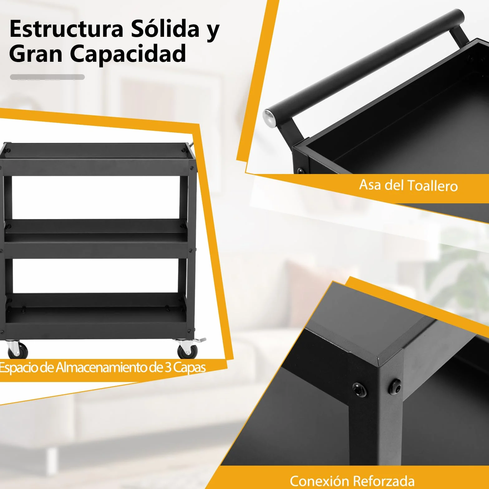 GOPLUS Carrito de Utilidad de 3 Niveles, Carro de Herramientas Organizador con 4 Ruedas Universales y Mango Lateral Toallero, Carrito de Servicio Rodante para Garaje, Baño, Almacén, Negro (Negro)