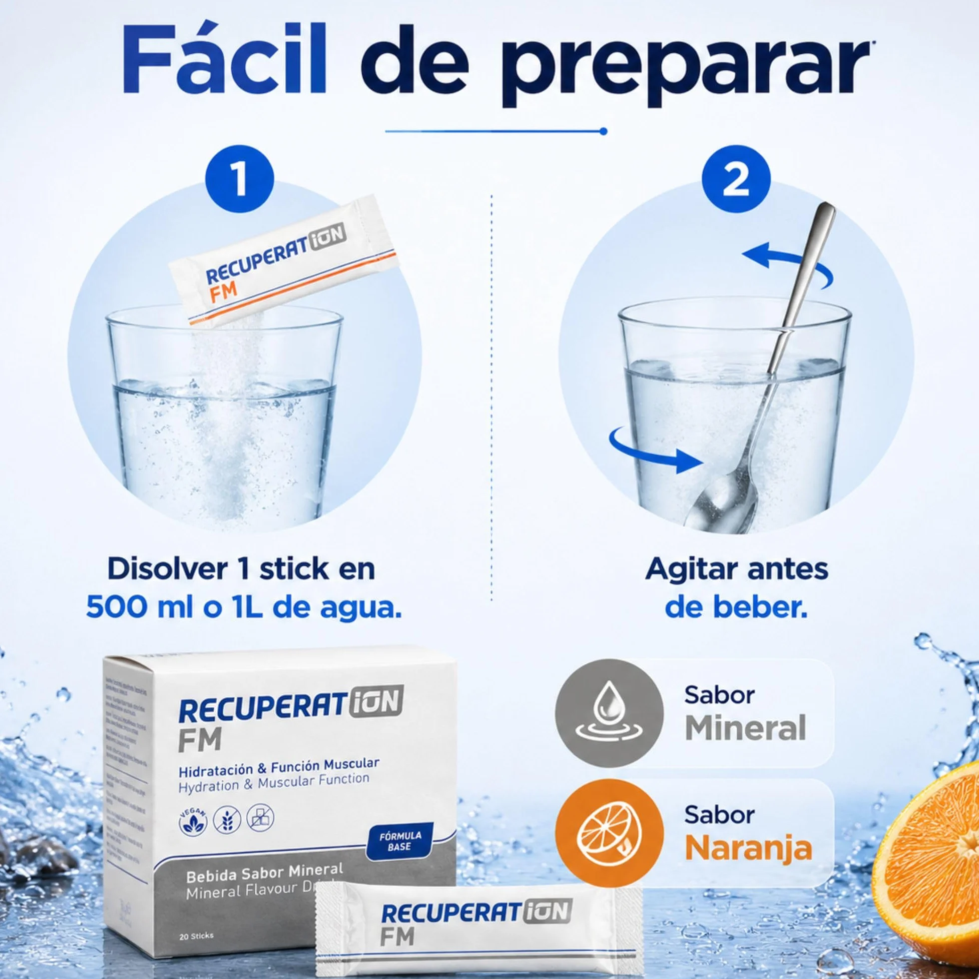 Bebida Hipotónica Sin Azúcar con Electrolitos Sales Minerales Magnesio Sabor Naranja Sin Gluten Ni Lactosa Pack 20 Sobres RECUPERATION