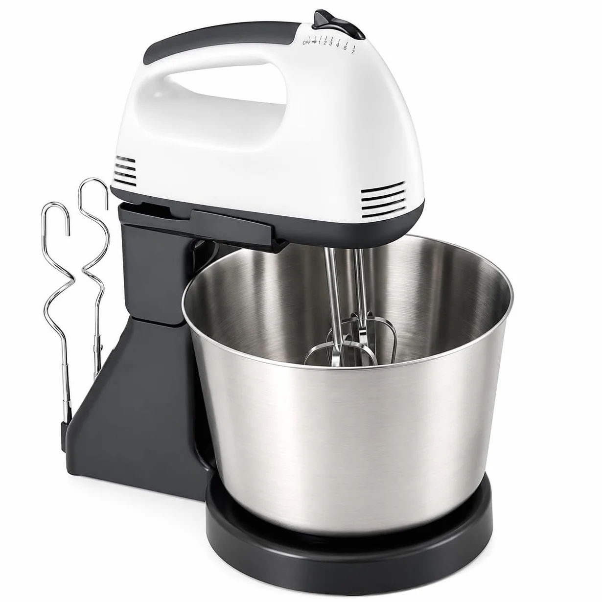 Batidora de pie de 7 velocidades con cuenco de acero inoxidable de 2 L, gancho de masa y batidor de alambre, batidora de mano de cocina para hornear, pasteles y amasar