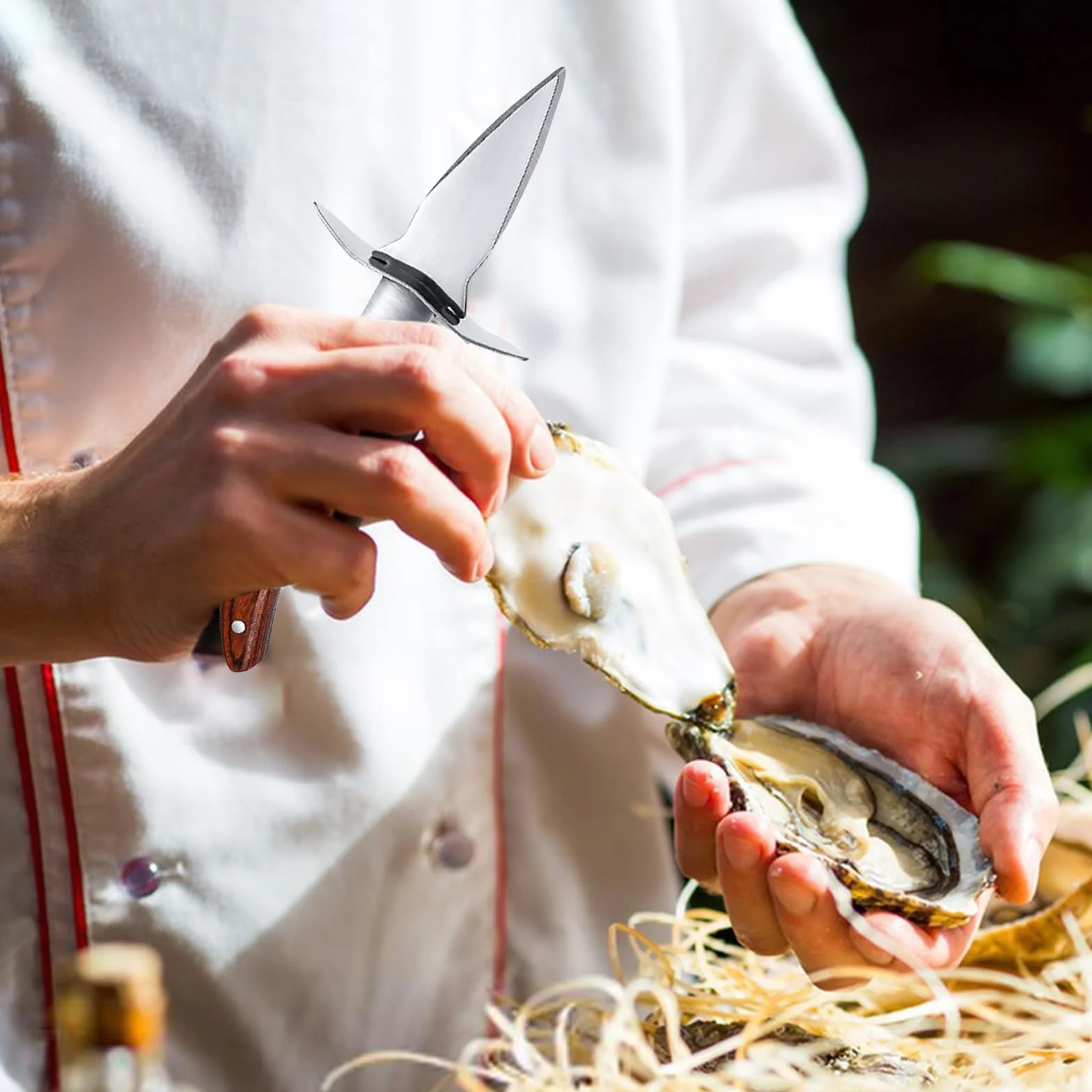 Abridor de Ostras, Cuchillo para Ostras, Ostras Shucker con Mango de Madera y Funda de Cuero, Abridor Herramientas para Almejas, Mariscos