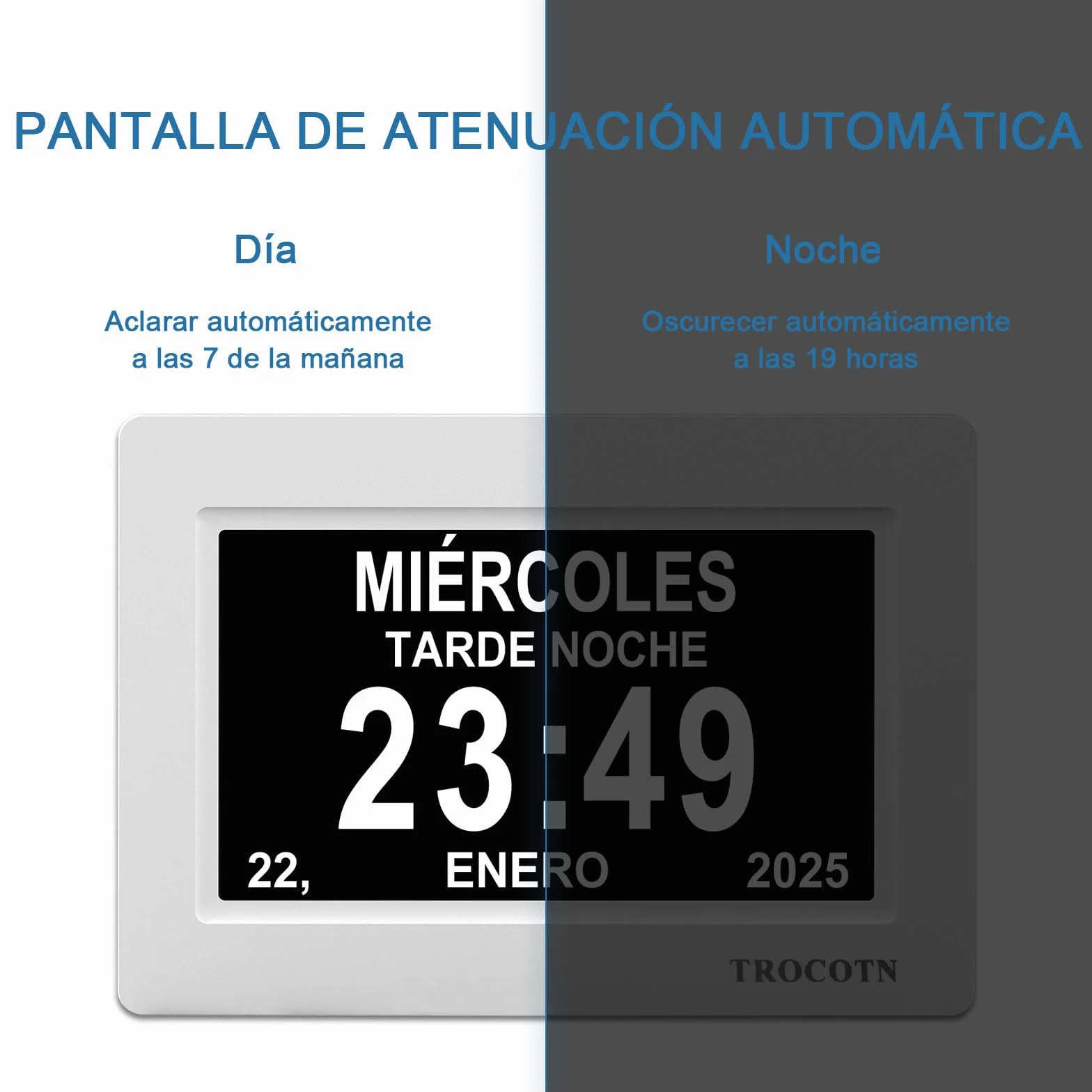 TROCOTN Reloj Digital de 7 Pulgadas, Calendario, Pantalla Grande, Despertador de Pared (Blanco)