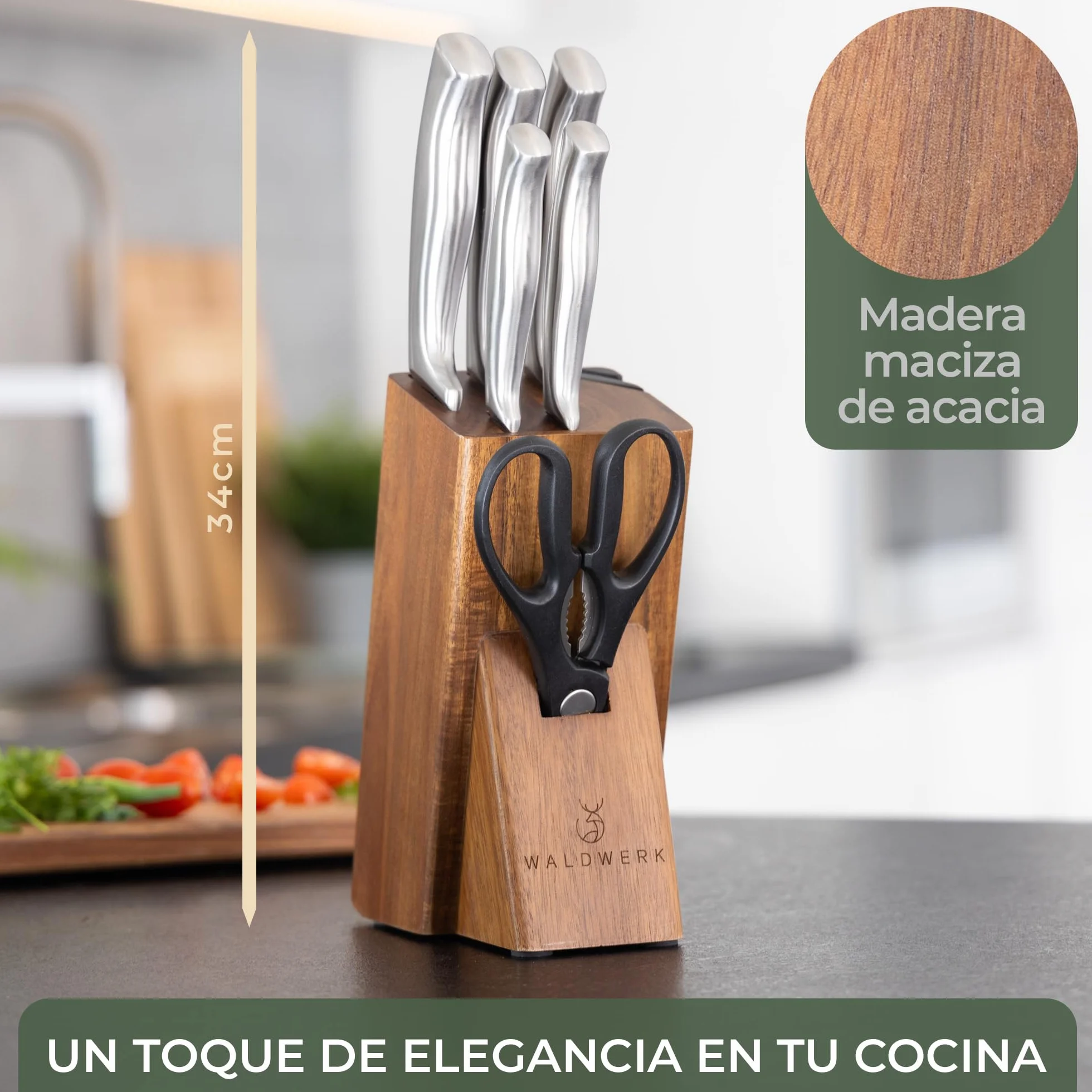 WALDWERK Juego de cuchillos de cocina de 7 piezas con bloque y afilador integrado