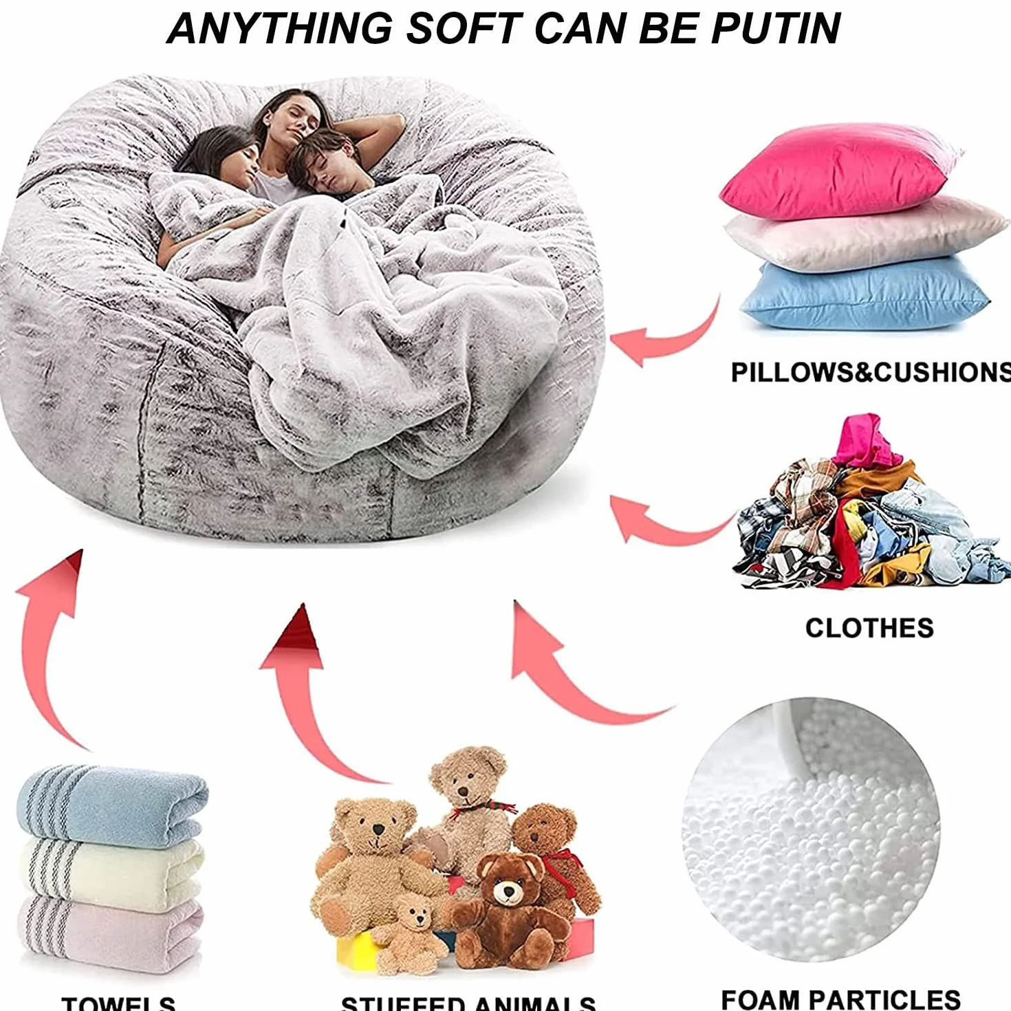 Silla Grande de puf, Muebles Gigantes Rellenos de Espuma, Fundas Lavables a máquina, puf de Piel sintética Funda de sofá Cama Perezoso Funda de puf de Pelo Gigante(Color:6,Size:7ft)