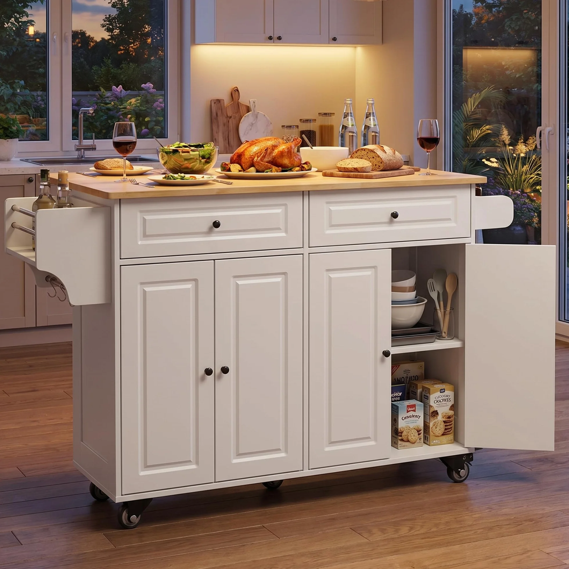 Xbro Isla de Cocina Móvil con Ruedas 145x75x90cm, Carrito Auxiliar Almacenaje, Mueble Moderno Blanco con Encimera y Estanterías para Cocina Comedor (Blanco)