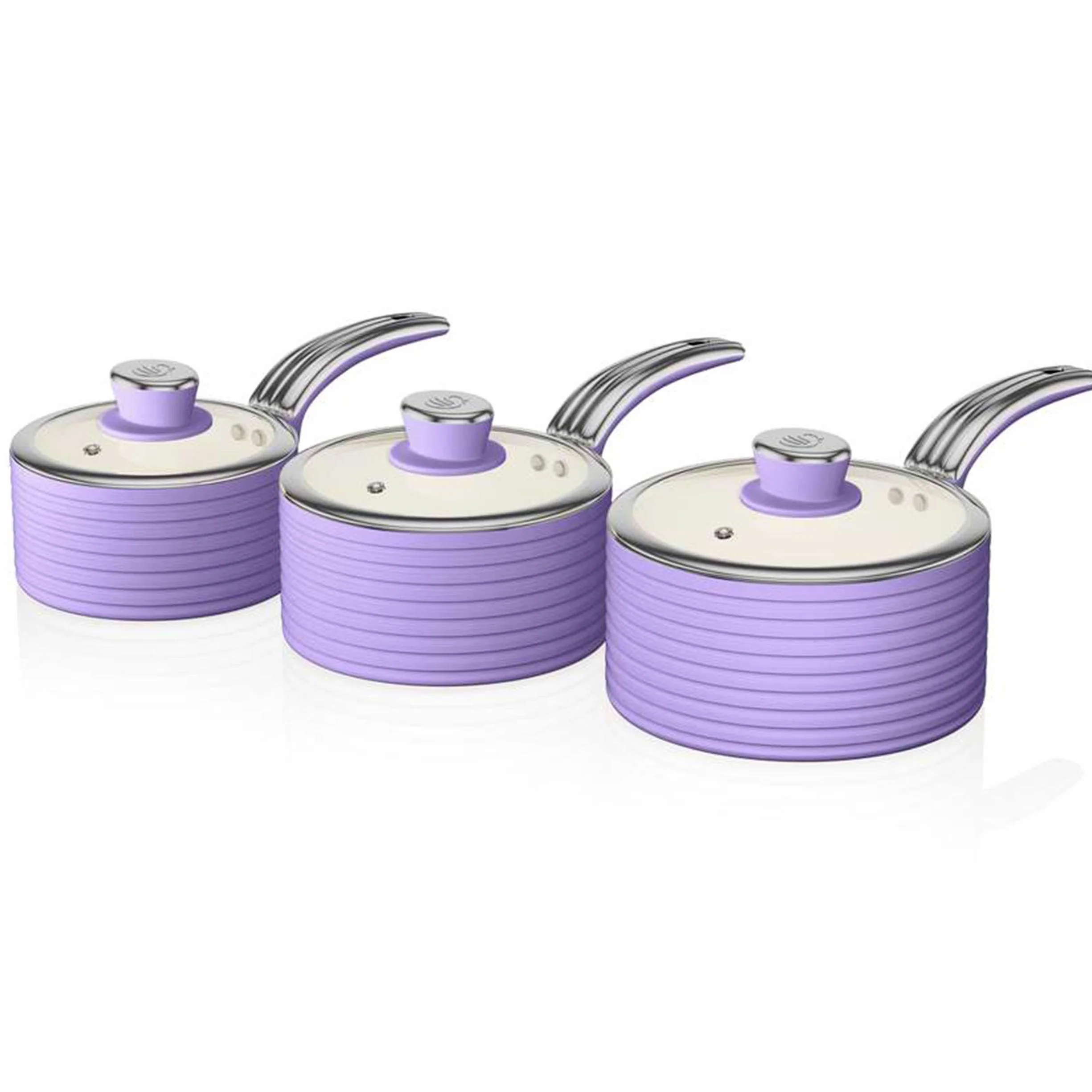 Swan Retro SWPS3020PURN Batería Cazos 16 18 20cm, 3 Tapas Vidrio, Aluminio Prensado 3mm, Inducción, Antiadherente Cerámica Libre PFOA y PTFE, Apta para Todas Las Cocinas, Vintage, Morado