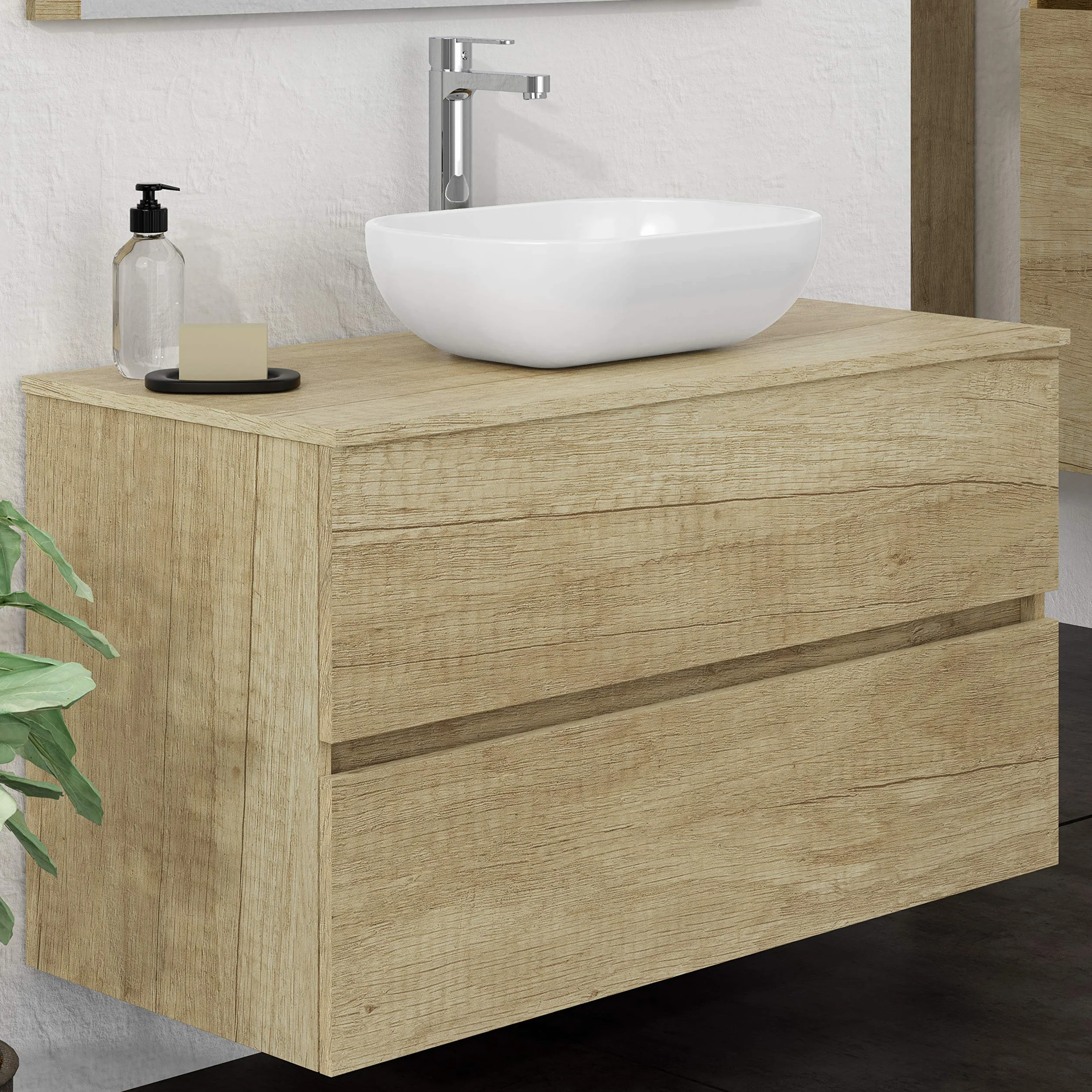 Baikal Baño Onyx, 2 cajones, suspendido en Pared, con Lavabo cerámico. Mueble Montado, Melamina 16,Mueble F46 + Top + Lavabo 100 cm Nature