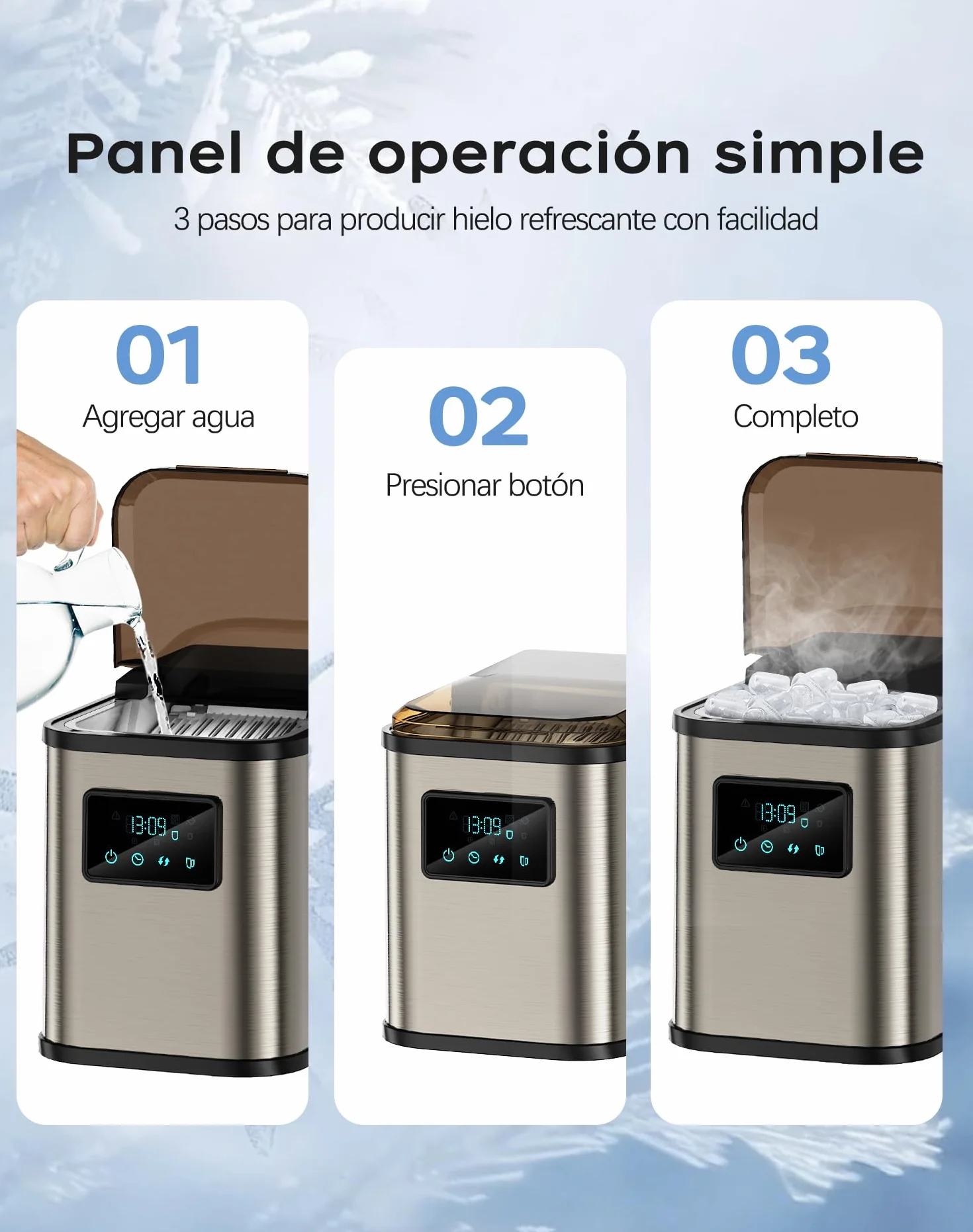 Máquina de Cubitos de Hielo de Acero Inoxidable con Pantalla LED, 2 Litros, 2 Tamaños