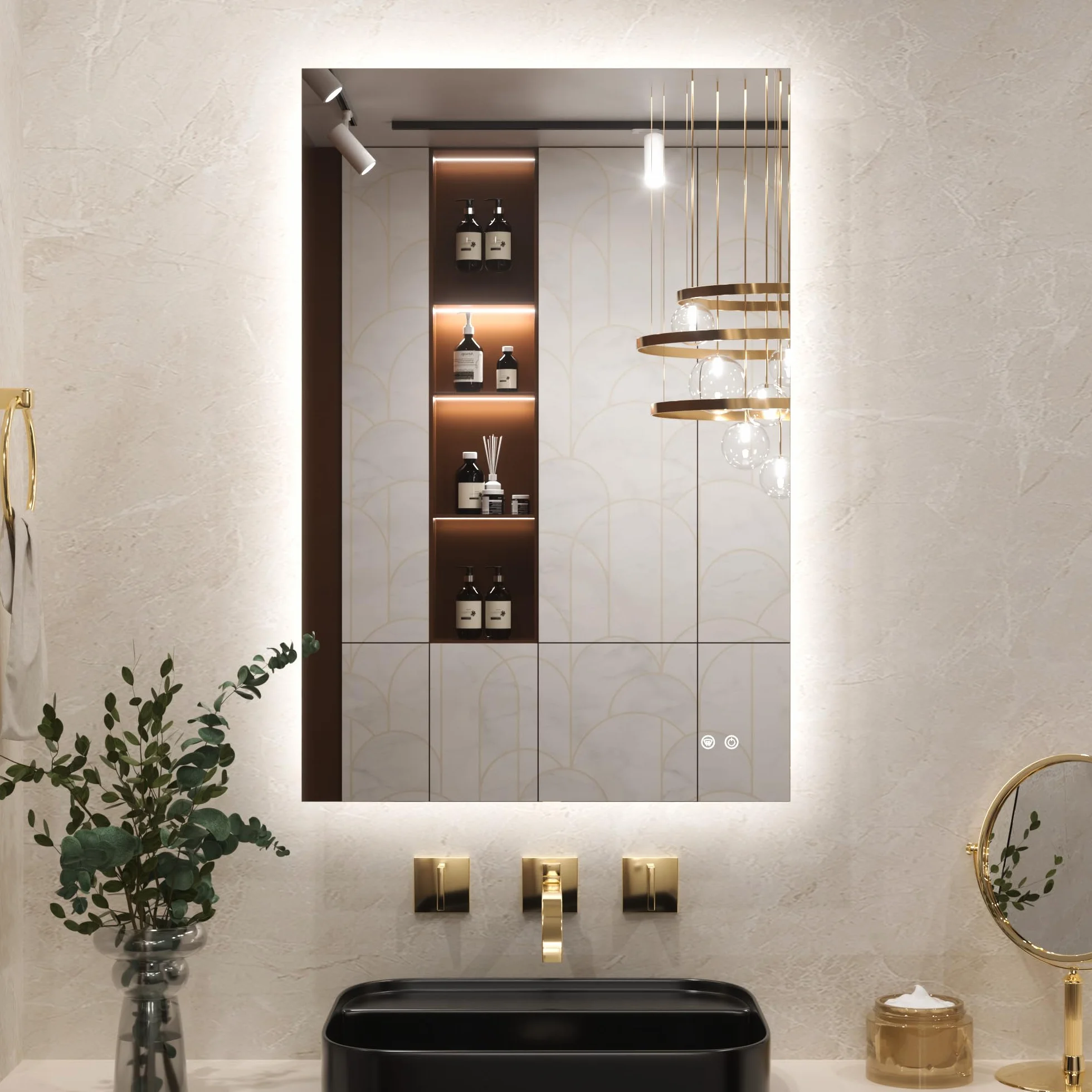 Keonjinn Espejo de baño con luces LED, 60 x 90 cm, espejo de baño rectangular iluminado con luz retroiluminada, espejos de tocador antivaho montados en la pared, 3 colores regulables, función de