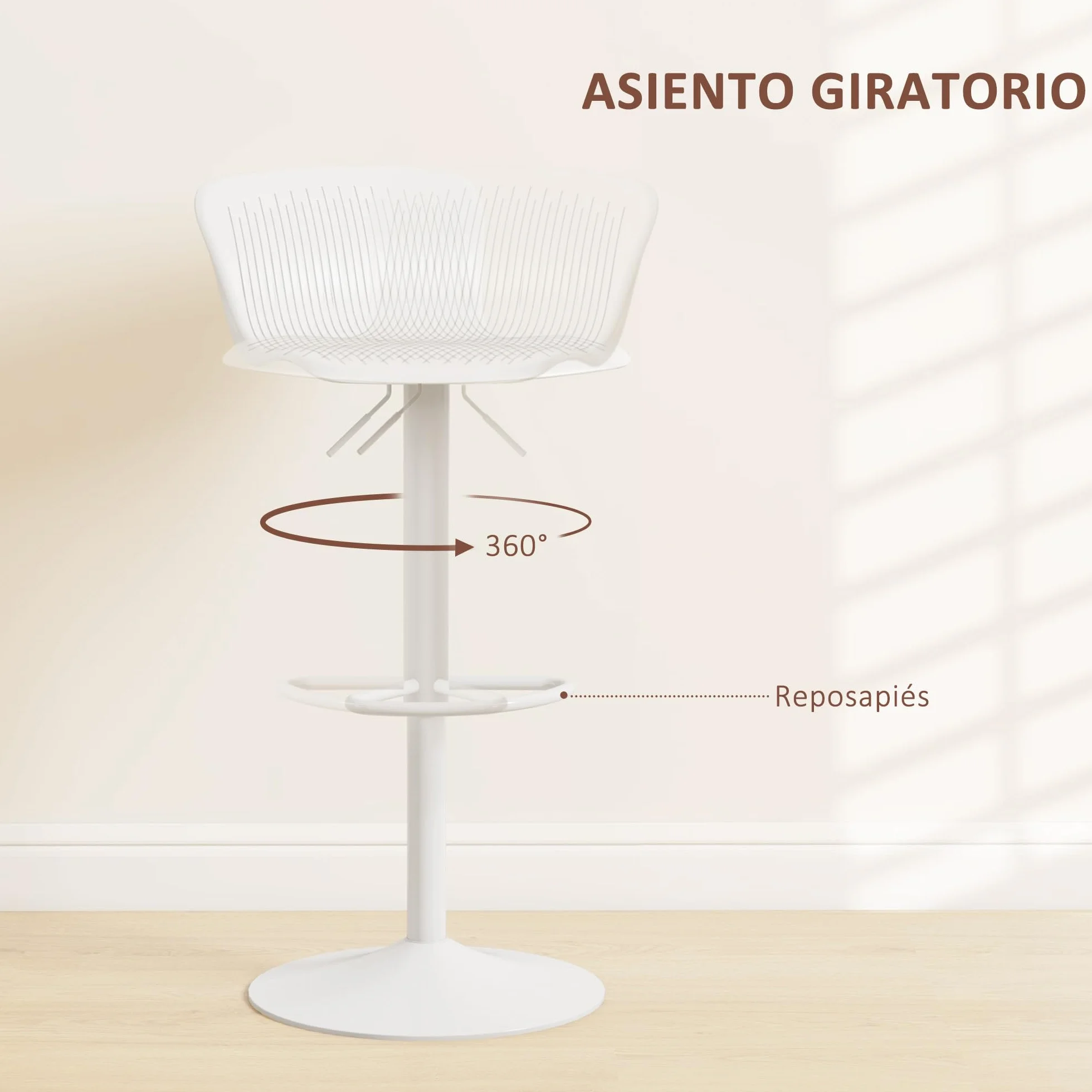 HOMCOM Conjunto de 2 Taburetes Altos de Cocina Sillas Altas Giratorias con Respaldo y Altura Ajustable Carga 120 kg para Bar Salón Comedor Blanco