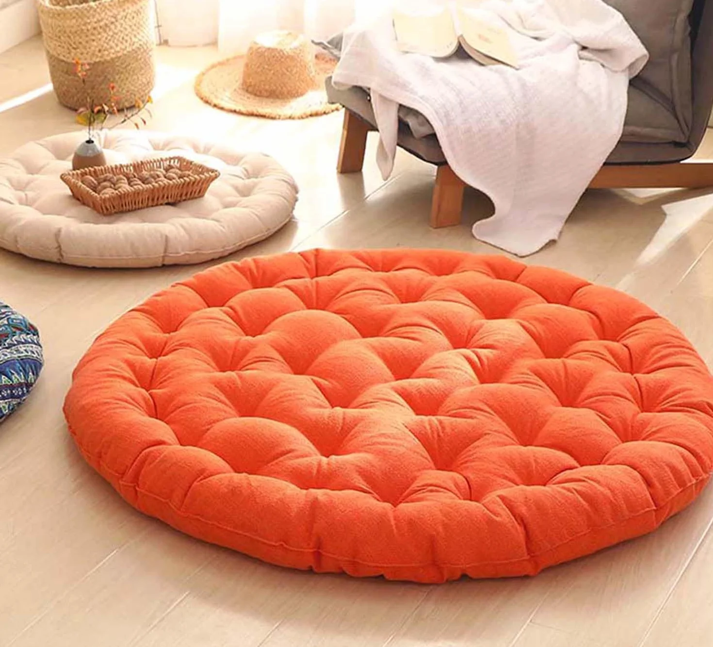 Cojín suave redondo para asiento de suelo meditación, lavable, 65 cm, azul