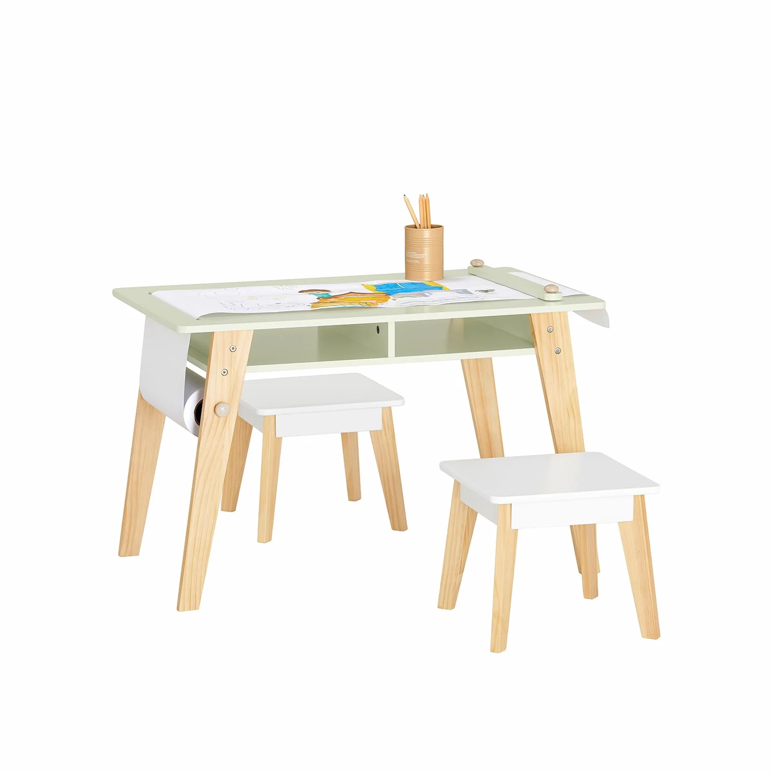 SoBuy KMB92-GR Mesa Infantil con 2 Taburetes Escritorio Infantil Blanco Madera y Verde